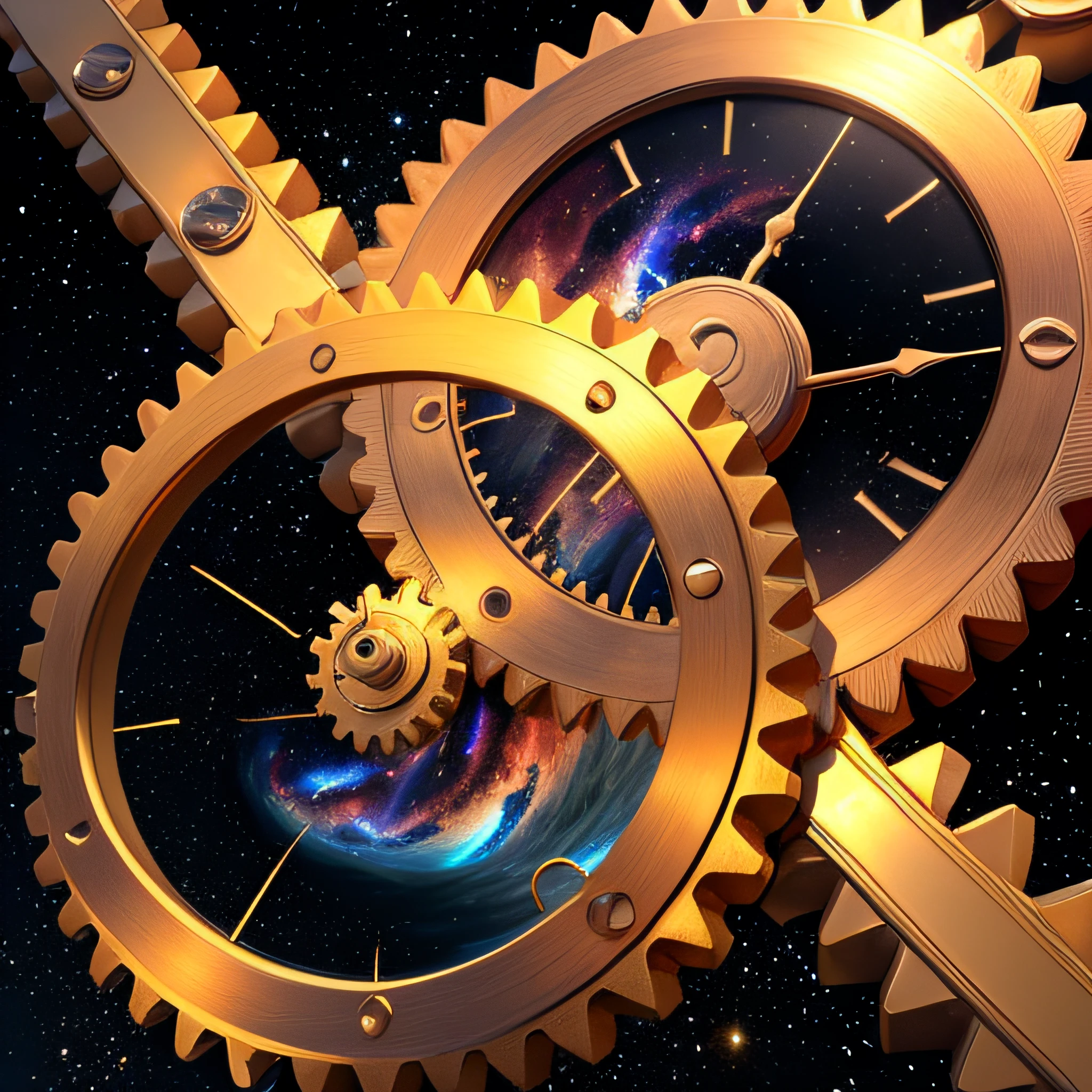 immense internal gears of a gold clock mechanism, futuando in the universe, arranged in layers, seen in 3D perspective, with a golden aste linked to the planet Earth, ((best quality)), ((masterpiece)), (high detail), (highres), looking at the infinite length of the universe, infinite galaxies, floating stars, stellar nebulae, sinister atmosphere, cinematic, negative dark mode, mc escher,  art of senseijaye, matrix atmosphere,