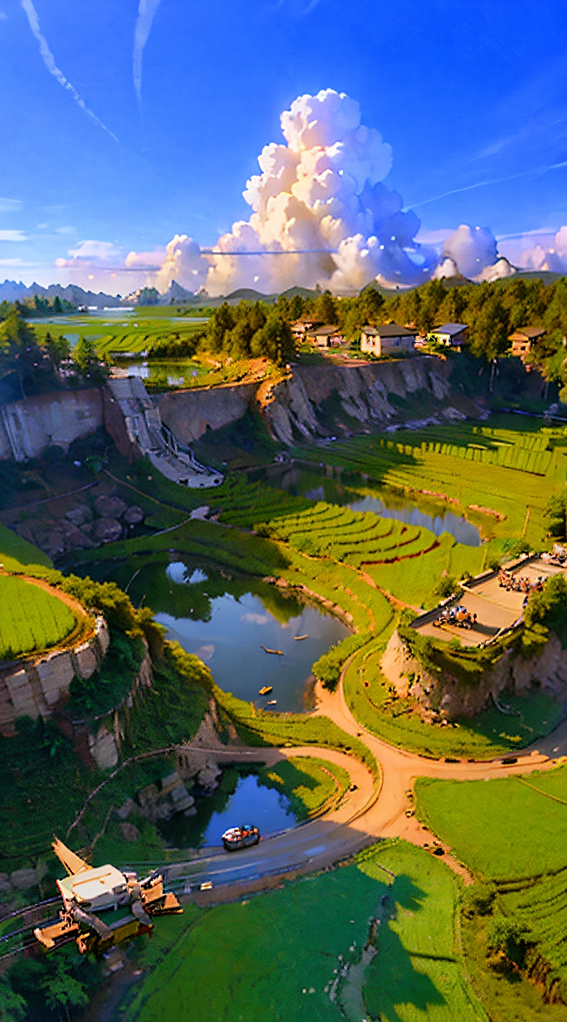 (((best quality)))), ((super detailed)), (illustration), (dynamic angle), ((floating)), (from above) tea picker, big clouds, blue sky, rice fields, neat rice seedlings in the field, forest, hillside, secluded, rural,