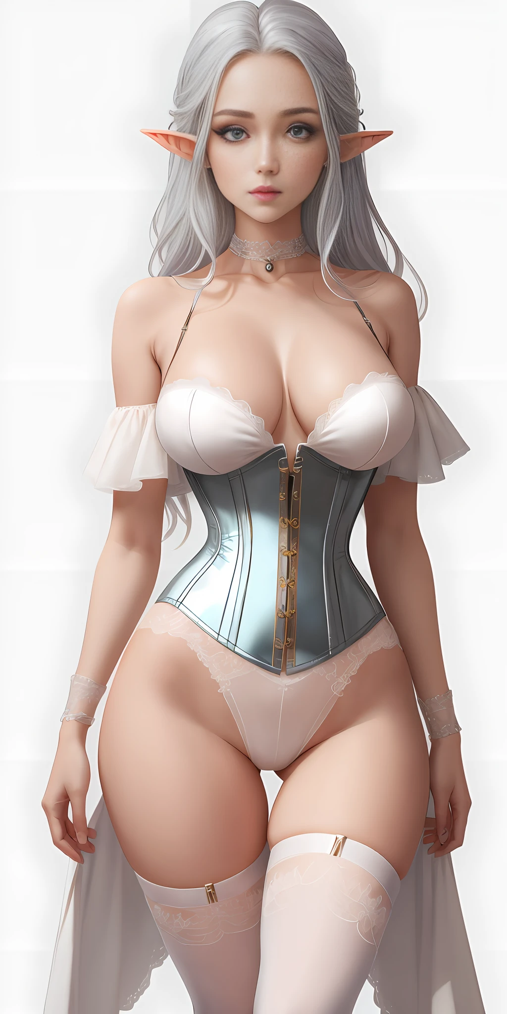 [White: Aqua Blue: 0.65] theme, masterpiece, mature masterpiece, detailed visual art, blue eyes, silver hair, long hair, elf ears, shiny skin, charming collarbone, queen, mature, elegant, gorgeous white tights, corset piercing, embroidery, off-the-shoulder, bare, big breasts: 1.3, open crotch, thigh seams, groin, no panties, high heeled over-the-knee boots, [NSFW|uncensored], (simple background: 1.1), low wing, (full body: 1.4)