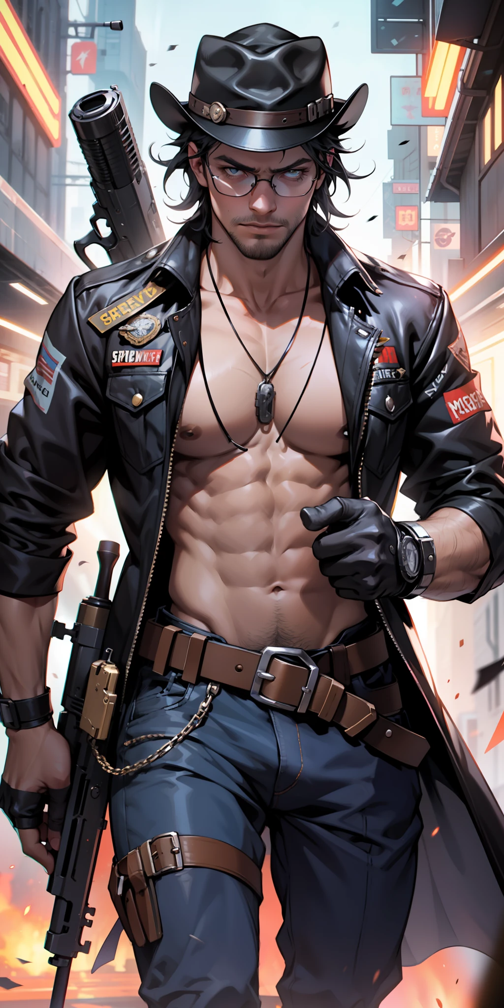Best quality, ultra high resolution 8k, beautiful boy, manly man, very brave beautiful face, very fine face, cyberpunk glasses, cowboy hat, slim and athletic body,, moving white cloak, double leather belt,two pistols, two guns in each hand,cowboy suit,almost a super hero, Steampunk, action pose, add cinematic effect at the end, Bullets in the air