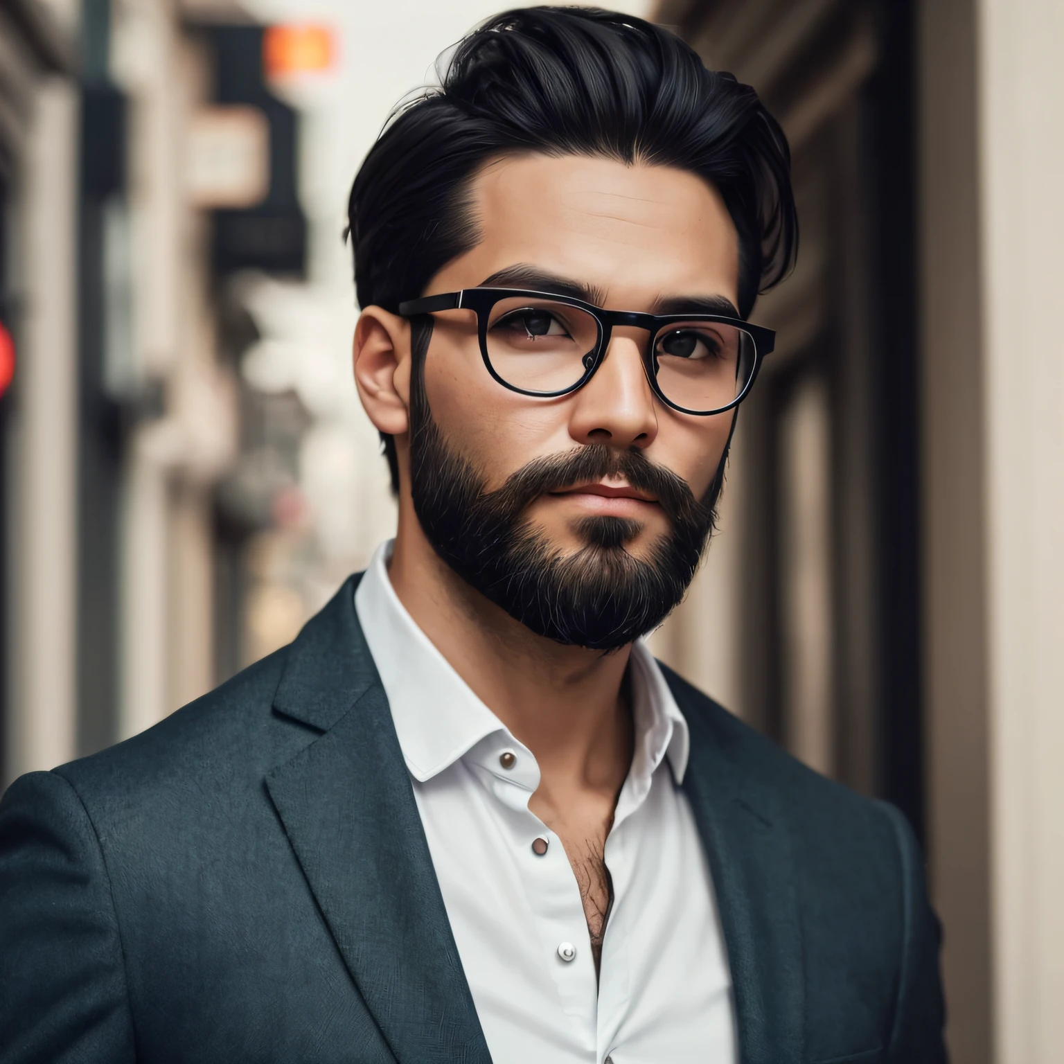 Rie focusing only on the face of a 37-year-old looking man with green eyes wearing stylish glasses, beautiful mouth, handsome model face, slightly large beard well done, appearance of being a little bad, hair in black color a little big with style half sideways, 4K --auto