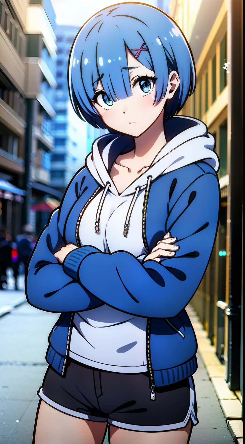 masterpiece, rem rezero, blue hair, blue eyes, detailed eyes, neutral face, blue jacket hoodie, white shirt, dark shorts, casual oufit, medium breasts, crossed arms, legs apart, middle of the street,