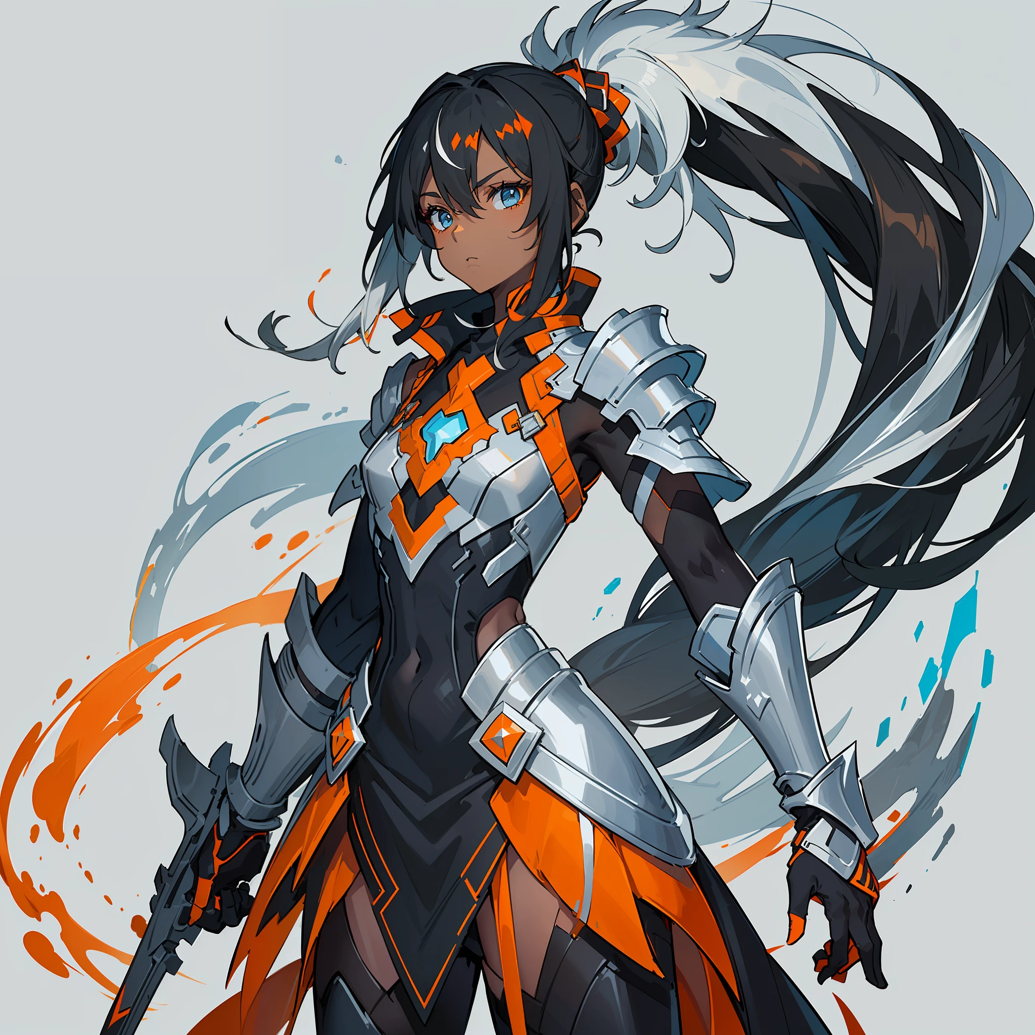 (((concept Art))), (((Flat Chest))), Female, (((Dark Skin)))), Black Hair with Ponytail, Light Blue Eyes, ((Black Metallic Gauntlets and Greaves with Orange and Silver Highlights)), (((Orange Coat with White Padding on the Hood)))), Mostly Black Color, but having Orange Parts, Shoulders on Display, On the Hip a Black Shorts