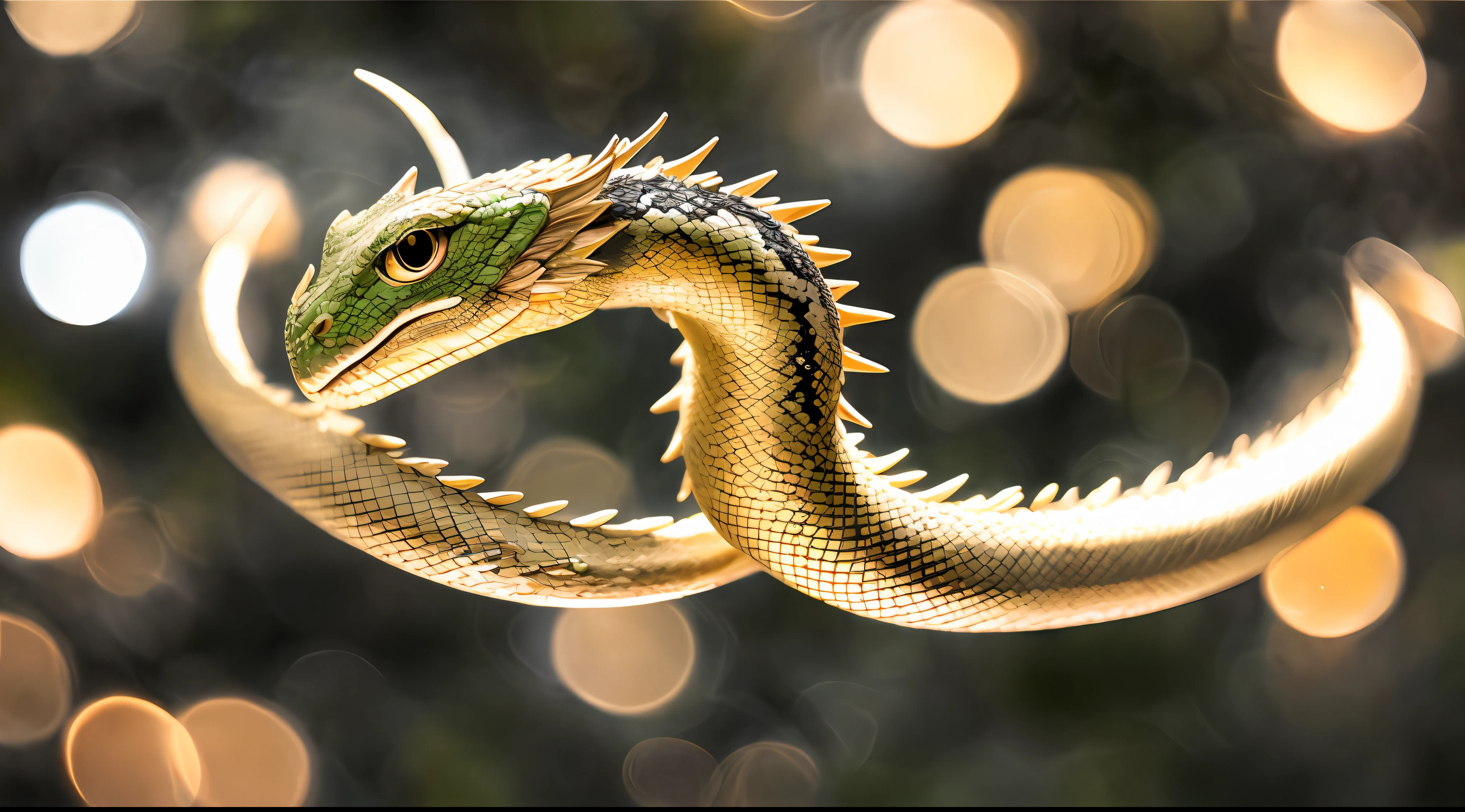 snake with dragon wings shiny like polished gold in black tree in center with red fruit, masterpiece, high quality, high quality, highly detailed CG unit 8k wallpaper, award-winning photos, bokeh, depth of field, HDR, bloom, chromatic aberration, realistic, very detailed, trend in artstation, trend in CGsociety, complex, high detail, dramatic, art in the middle of the journey,  Volumetric lighting