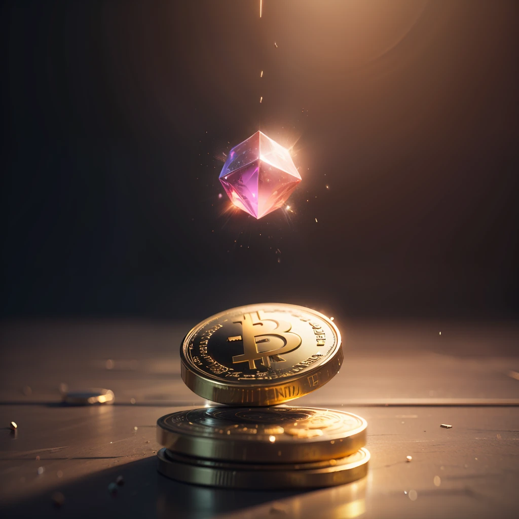 Realistic Photo of Gold and Purple Coin with an ultra detailed design 8K, Crypto currency, Cryptographic signs falling from the sky, rendered in Cinema4D, rendered in Cinema 4D, coin, texture GOLD and CRISTAl PURPLE, highly detailed texture rendering, rendered in Cinema 4D Octane, portrayed as a 3D rendering, created in render Octane, rendered with substance designer, fantasy game spell symbol, super detailed rendering. ((Super Realistic Quality)), backgroundo universe, futuristic reality in Render realistic 8K --auto