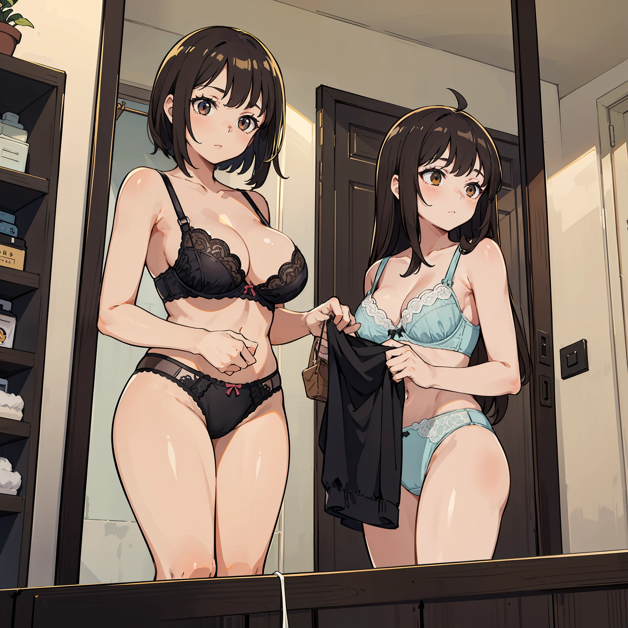 Top quality, masterpiece, high resolution, two beautiful girls, long black hair, forehead, brown hair shortcut, fluttering hair, preparing to take a bath, composition from diagonally below, bath shop, dressing room, half-undressing, undressing, other customers, guard stand, bra, panties, untying the strings of string pans,