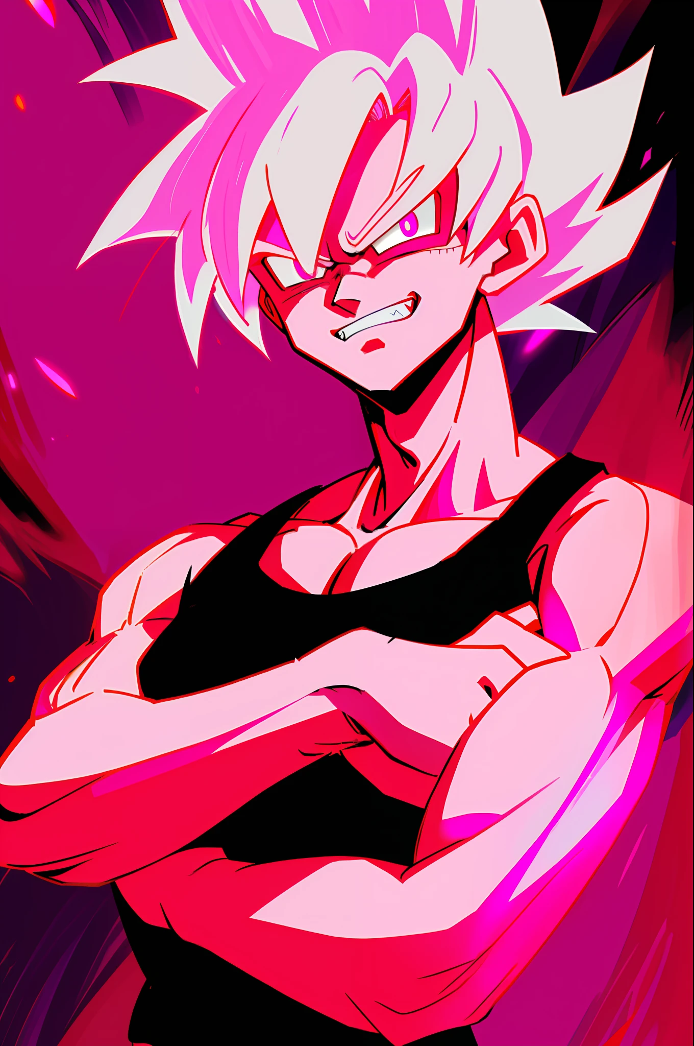 Best quality, masterpiece, ultra high res, evil looking, dragon ball style, sharp eyes, glowing pink pupils, shirt spikey white hair, evil grin, crossed arms, pink tank top, low exposure, black background, character lit by pink lights, sharp features