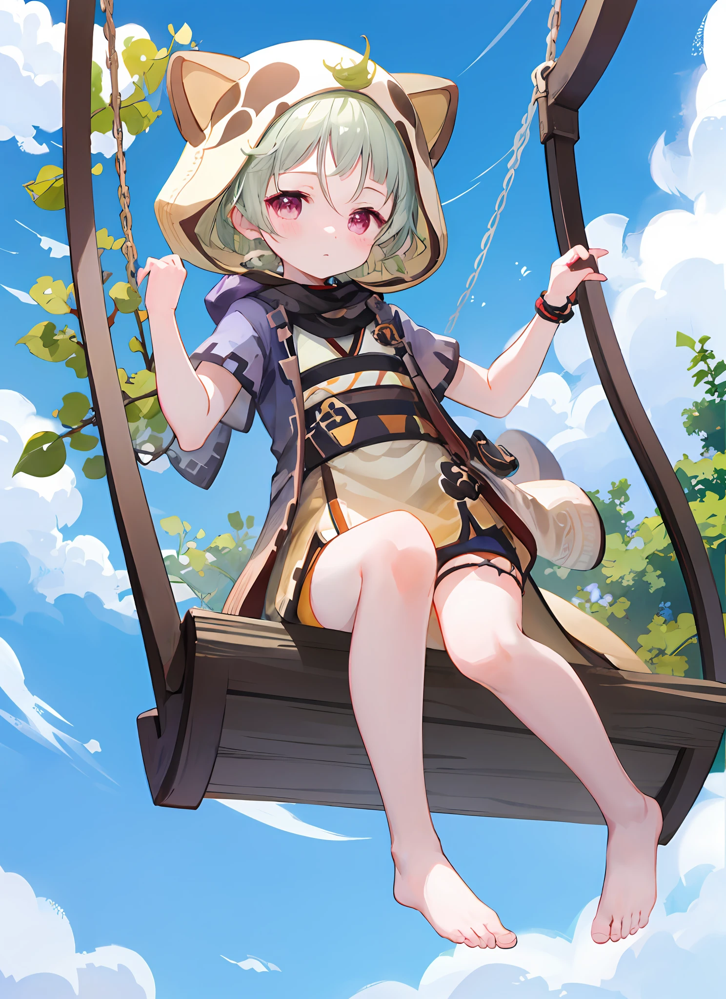 blush, outdoor, daytime, simple background, blue sky, rippled hair, sky, looking at the audience, , very cute expression, small short legs, avatar, barefoot, small curvy loliinging legs, lying on the ground, panties