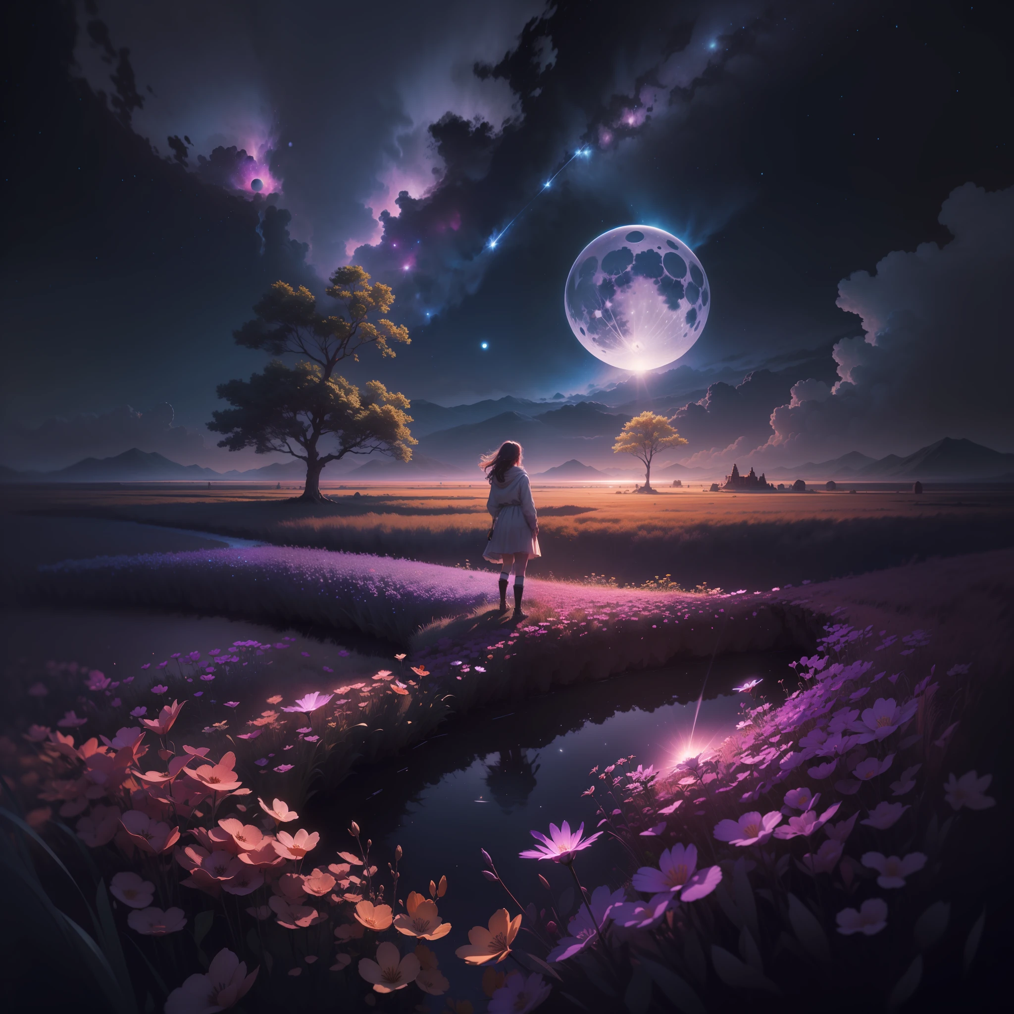 expansive landscape photograph , (a view from below that shows sky above and open field below), a girl standing on flower field looking up, (full moon:1.2), ( shooting stars:0.9), (nebula:1.3), distant mountain, tree BREAK production art, (warm light source:1.2), (Firefly:1.2), lamp, lot of purple and orange, intricate details, volumetric lighting BREAK (masterpiece:1.2), (best quality), 4k, ultra-detailed, (dynamic composition:1.4), highly detailed, colorful details,( iridescent colors:1.2), (glowing lighting, atmospheric lighting), dreamy, magical, (solo:1.2)