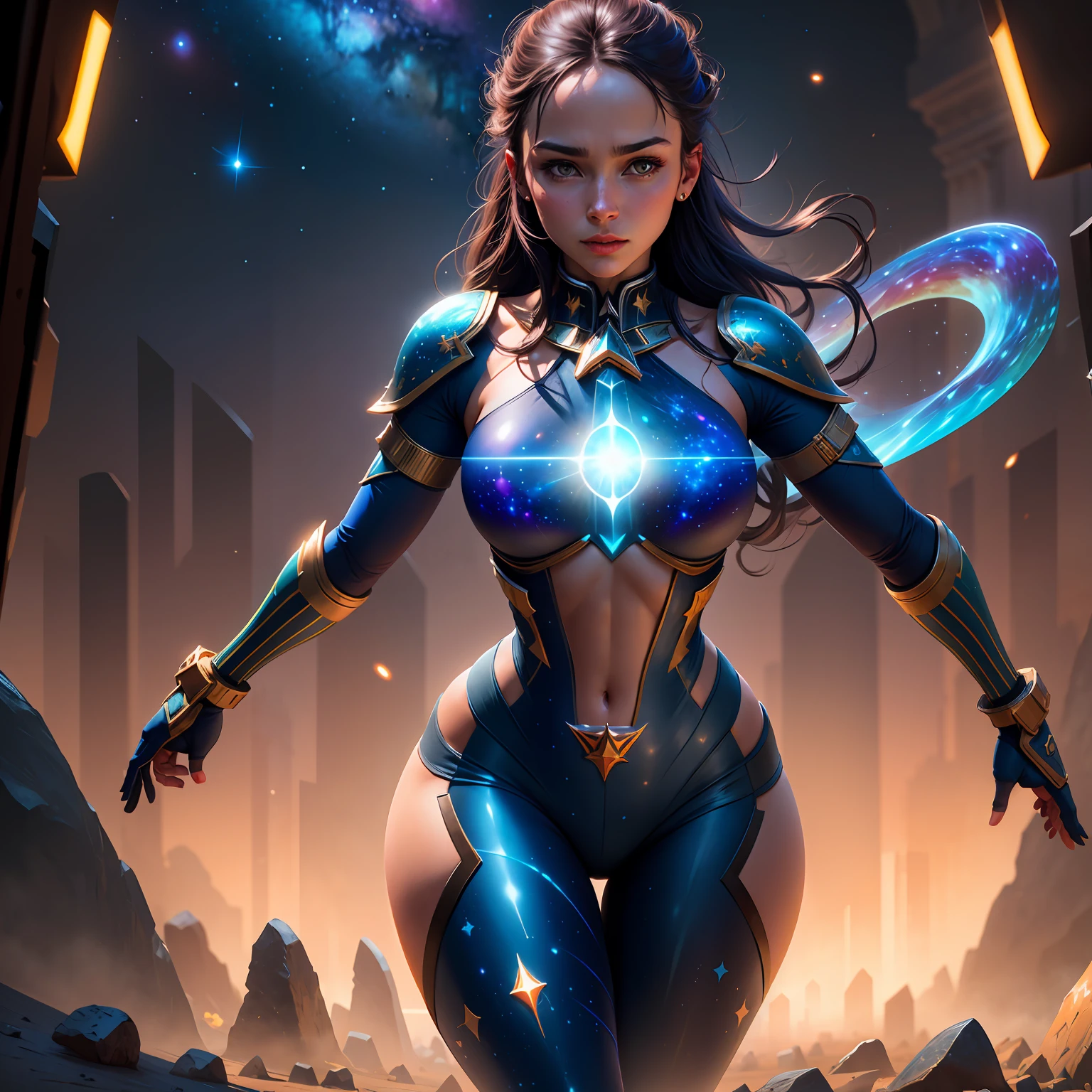 A girl in a spuberant galaxy with lots of light around her body. 8k realistic image --auto