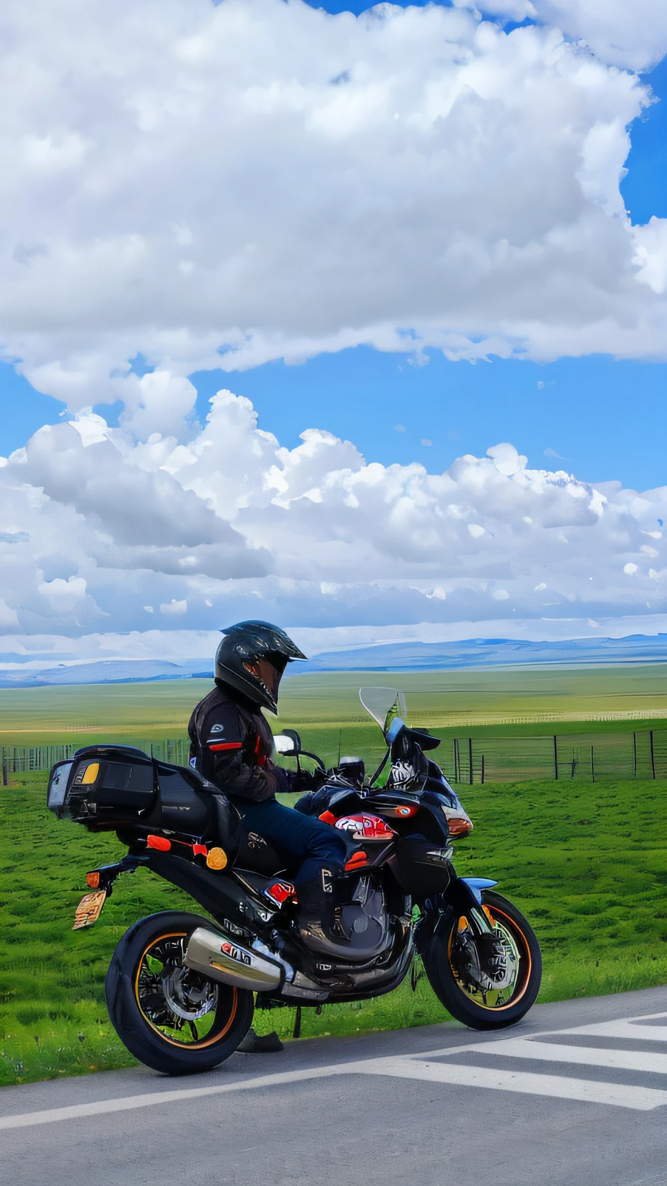 motorcycle rider on a motorcycle on a rural road with a field in the background, in the steppe, mongolia, touring, green pastures stretch for miles, very wide view, in the middle of nowhere, near lake baikal, very very wide shot, motorbiker, scenic full shot, rhys lee, very wide wide shot, steppe, very wide shot