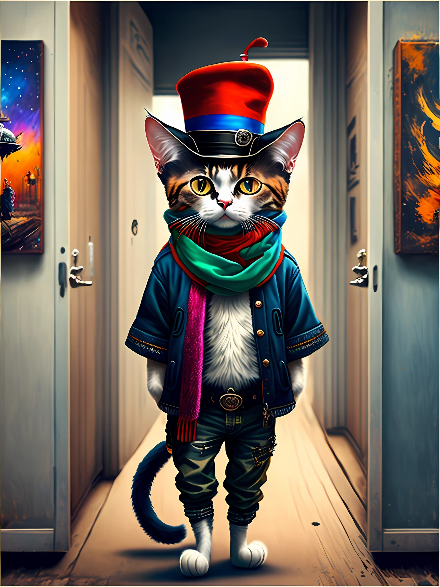 Painting of cat in hat and scarf, trendy in art station, punk dressed, detailed hyper-realistic rendering, British gang members, street style, intimidating pose, planet of cats, trendy clothes, urban samurai, meow, western slavic features, 8 1 5