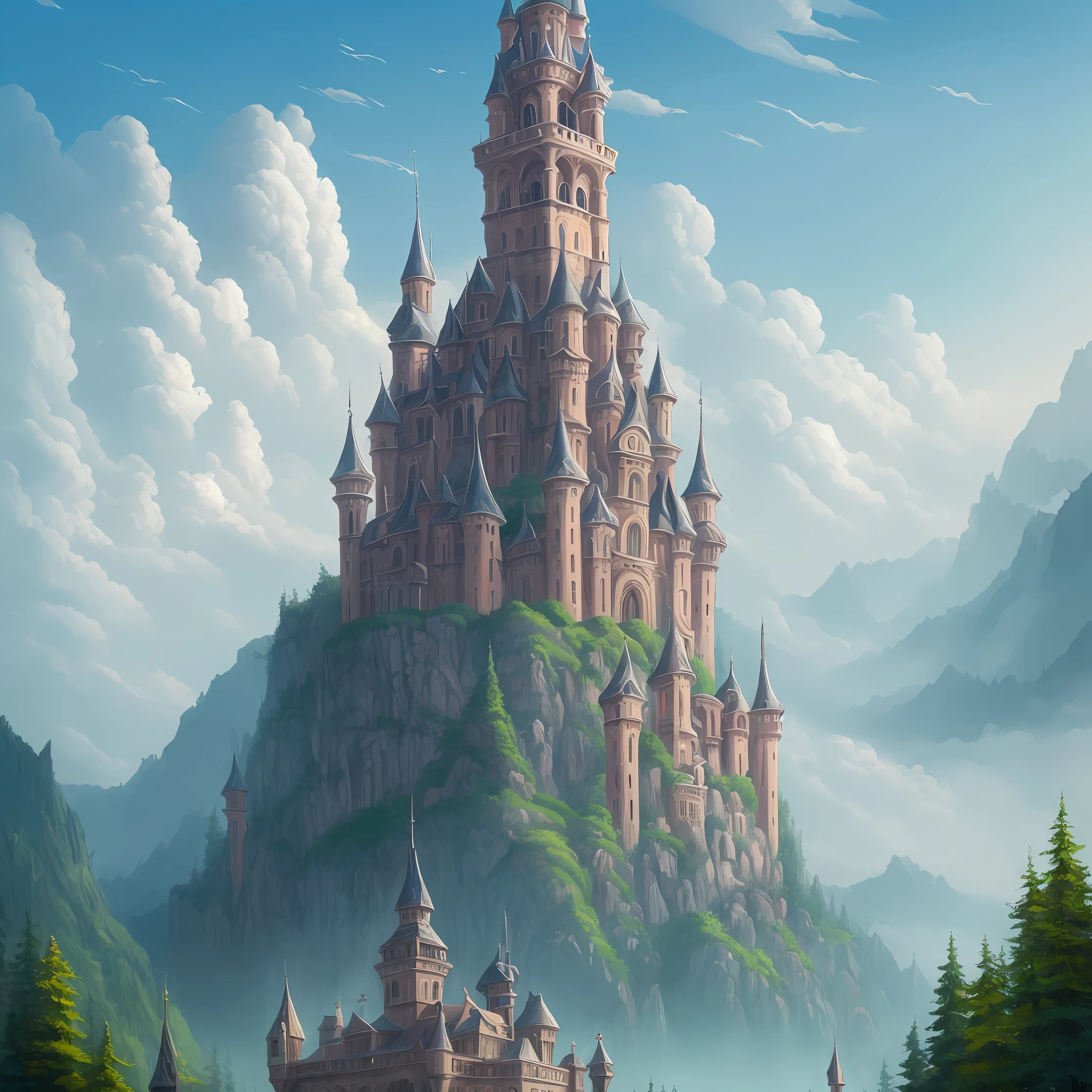 There is a painting of a light blue tower castle in the middle of a mountain, Fantasy Capital City, Epic Castle with Tall Spires, High Fantasy Castle, Fantasy Cityscape, Silvain Sarraiilh, Highly detailed Fantasy Art, Epic Fantasy Novel Cover Art, Andreas Rocha and John Howe, Marc Simonetti. intricate and detailed fantasy art, blue castle in the middle of clouds, highly detailed fantasy