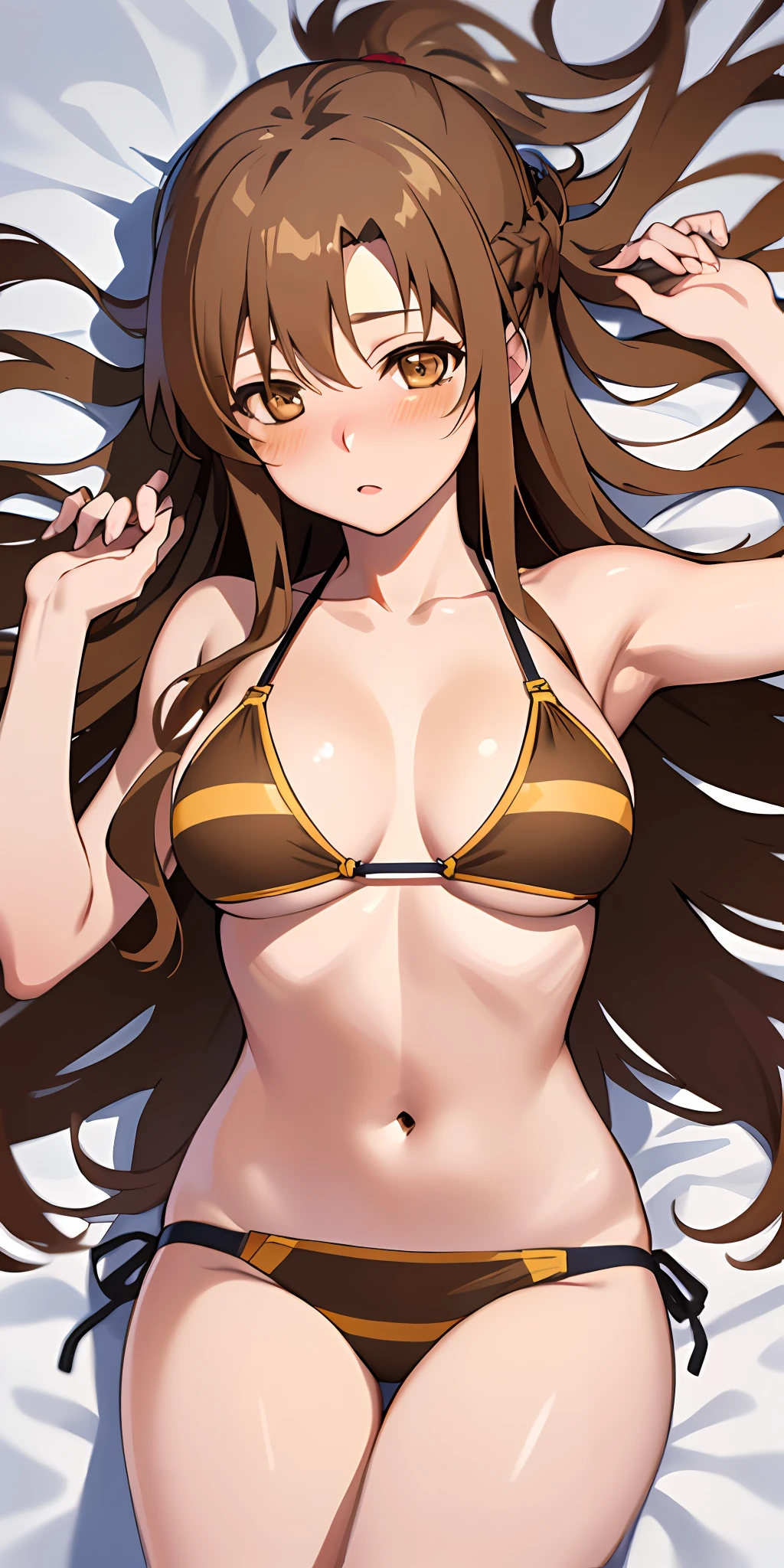 (Best quality:1.3), asuna yuuki, light brown long hair, (brown eyes:2), large breasts, bikini, (blushing;1.4), lying on bed, (pov, from above view)