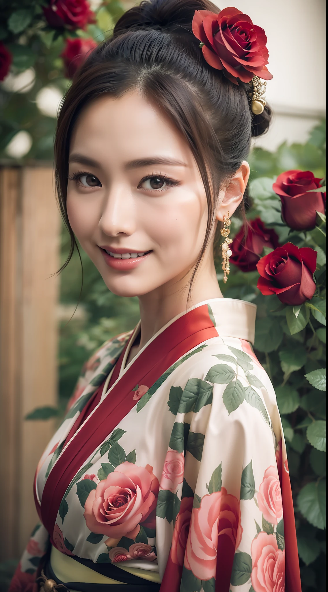 (kimono made of real roses, lots of roses), contemporary art, top quality, 8k, masterpiece: 1.3, sharp focus: 1.2, beautiful woman with perfect figure: 1.4, highly detailed face and skin texture, detailed eyes, lips, smile