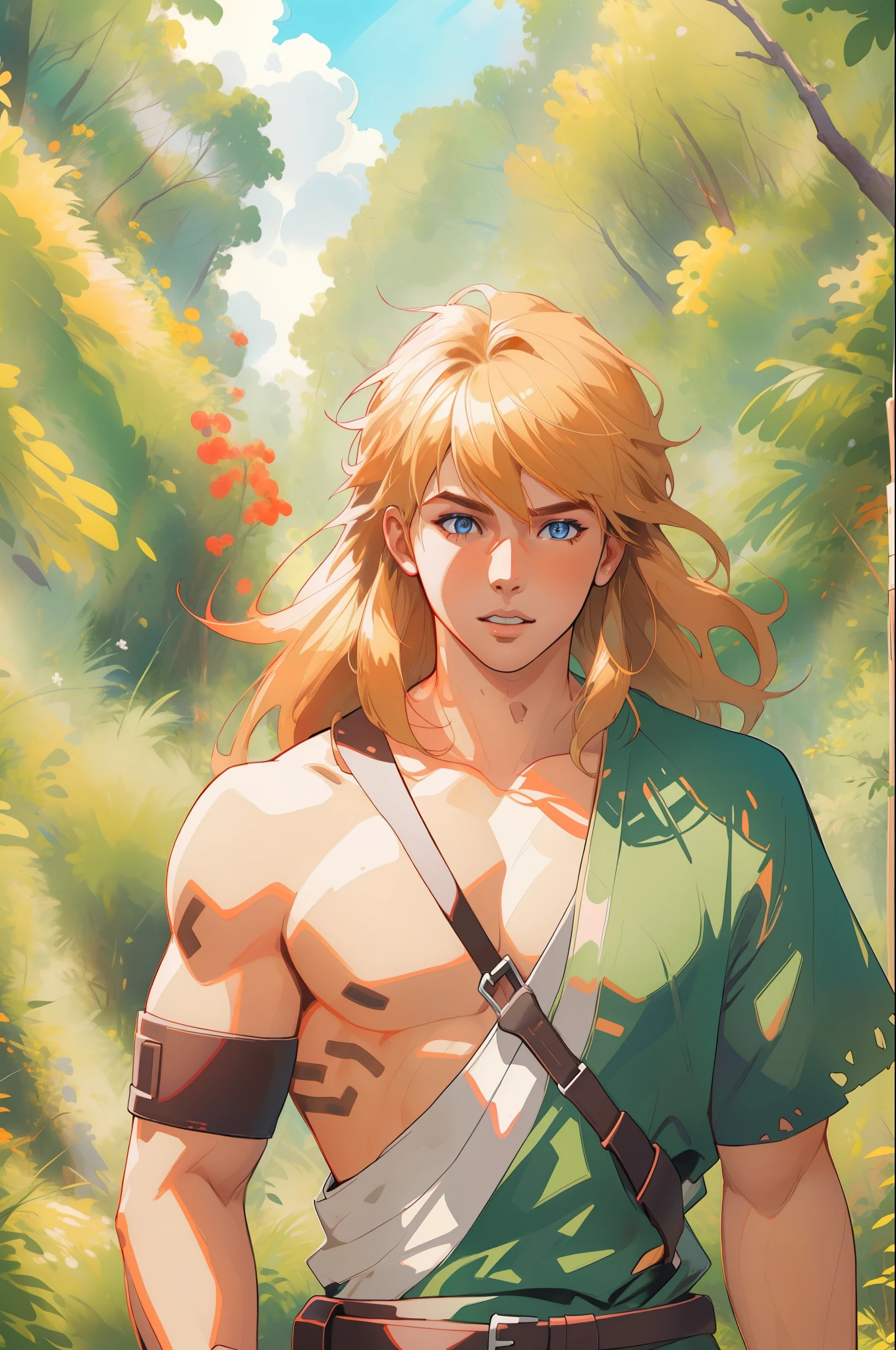 (Award Winning Digital Artwork:1.3) of (Ultra detailed:1.3) 1boy, leaning, seducing, blue eyes, blond hair, beautiful forest, shirtless,handsome, straps, gorgeous,CGSociety,ArtStation