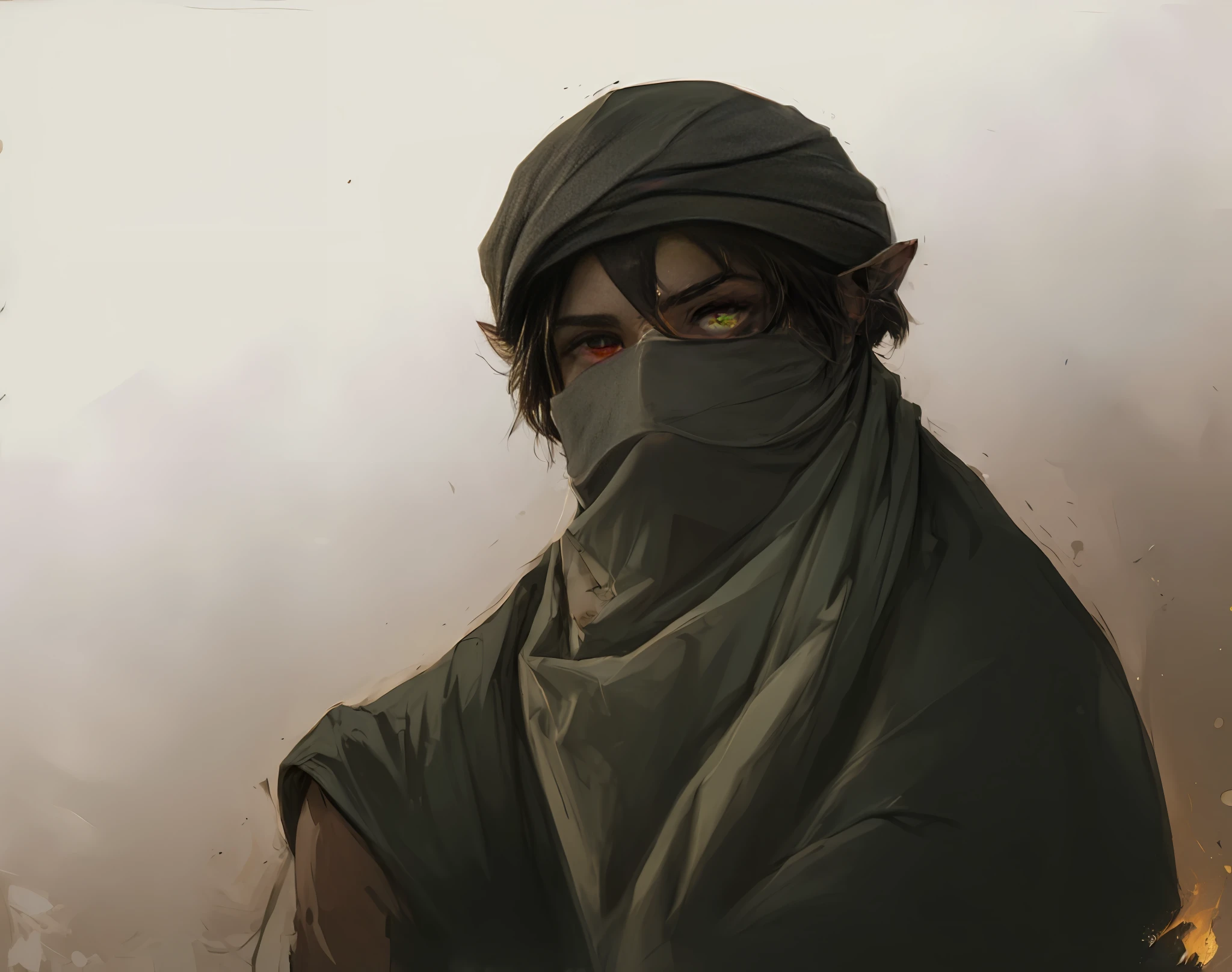 A man with his upper body wrapped in bandages, wearing a cloak that covers his face, revealing eyes that don't appear human, This character design is reminiscent of a wild and savage persona in Japanese anime, with finely crafted character design and a mature artistic style, ((character concept art)), full body character drawing, high definition, best quality, ultra-detailed, extremely delicate, anatomically correct, symmetrical face, extremely detailed eyes and face, high quality eyes, RAW photo, UHD, 8k, professional lighting, soft lighting, (masterpiece:2)