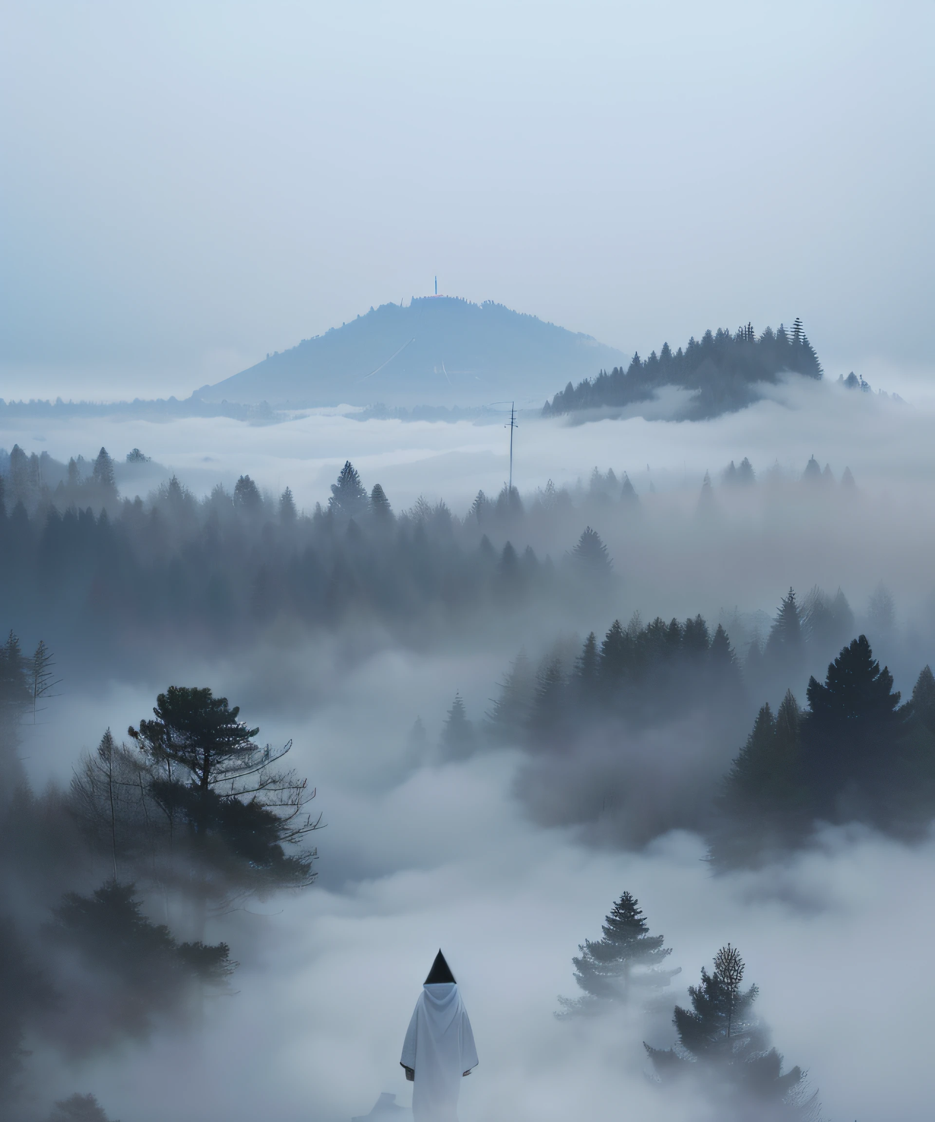 masterpiece, illusion, ghost of a girl, white costume, (((death costume)), (sutra mail), (triangular hood on forehead), Japan kimono, monochrome, full body, (dream: 1.2), scary dream, ((thick fog: 1.8)), ((thick fog so thick that it becomes difficult to see the figure)), (Den), dry ice, (((coming out of dense fog: 1.8)), (image born from dense fog: 1.8)))), (gradation from white to black), ( Fade in from black to white), (fog: 1.5), (snowstorm: 1.5), landstorm, dead trees, deep forest, (falling snow: 1.5)