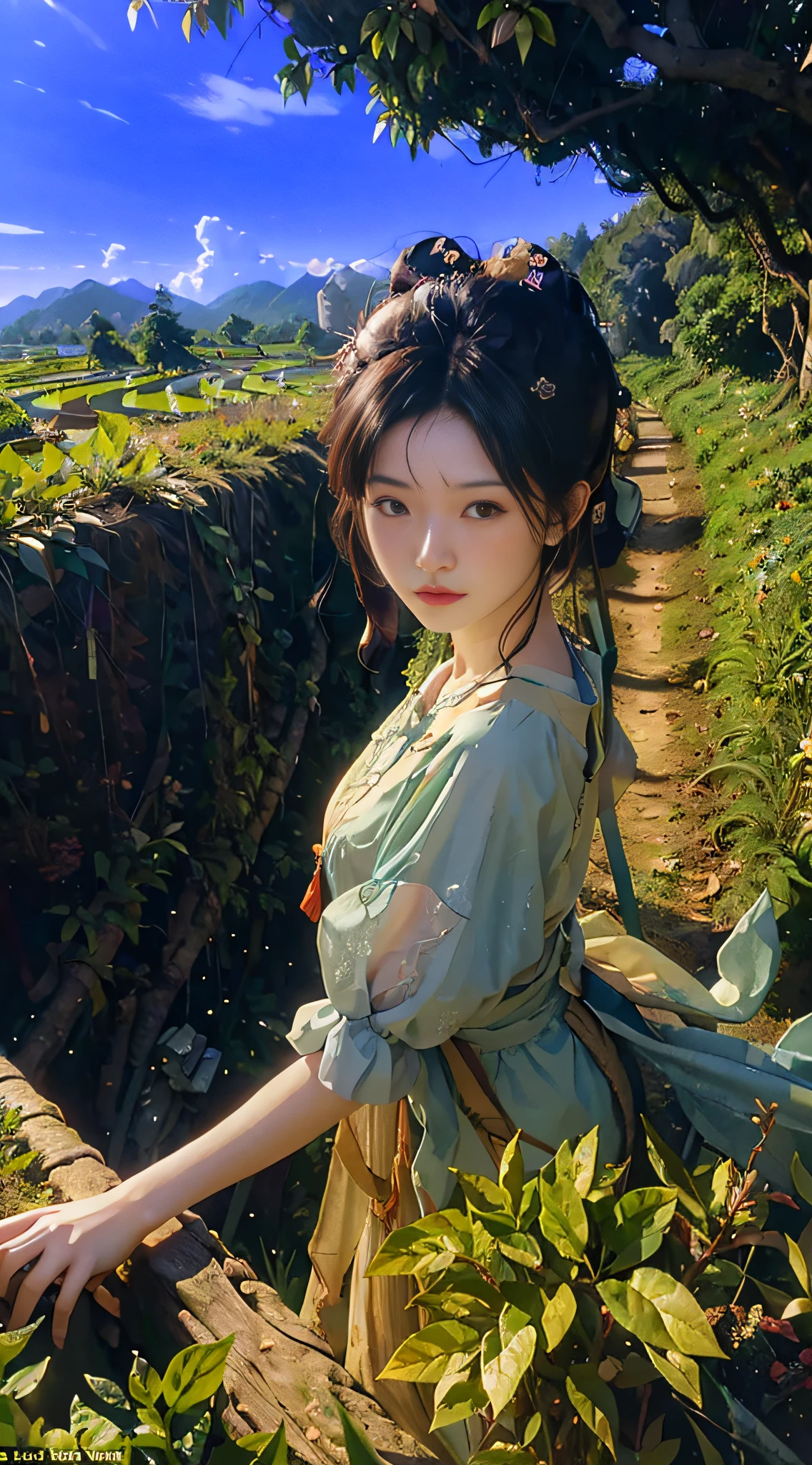 (from above) tea picker, big clouds, blue sky, rice fields, neat rice seedlings in the field, forest, hillside, secluded, rural, HD detail, hyper-detail, cinematic, surrealism, soft light, deep field focus bokeh, ray tracing and surrealism