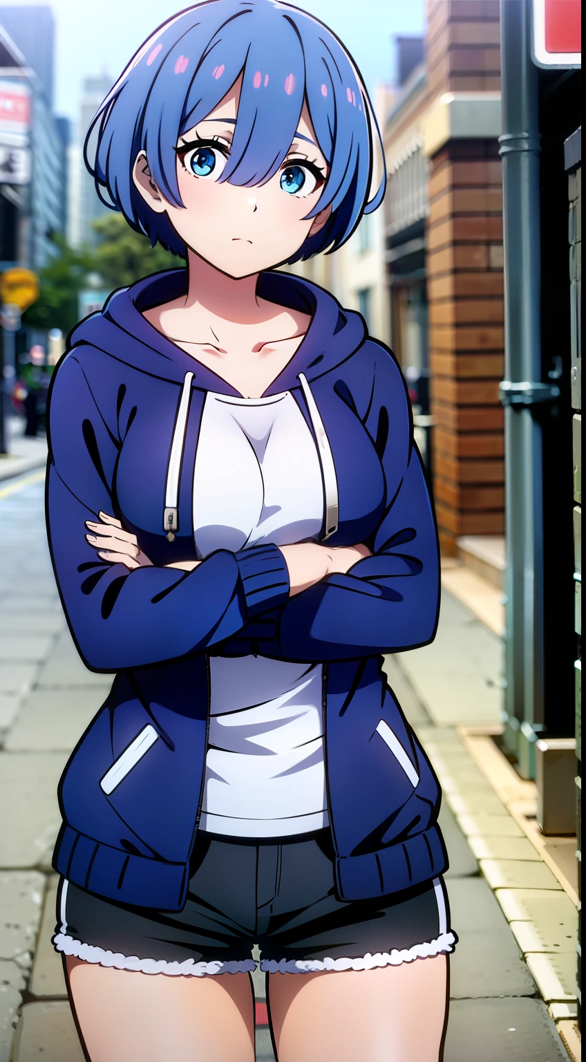 masterpiece, rem rezero, blue hair, blue eyes, detailed eyes, neutral face, blue jacket hoodie, white shirt, dark shorts, casual oufit, medium breasts, crossed arms, legs apart, middle of the street,