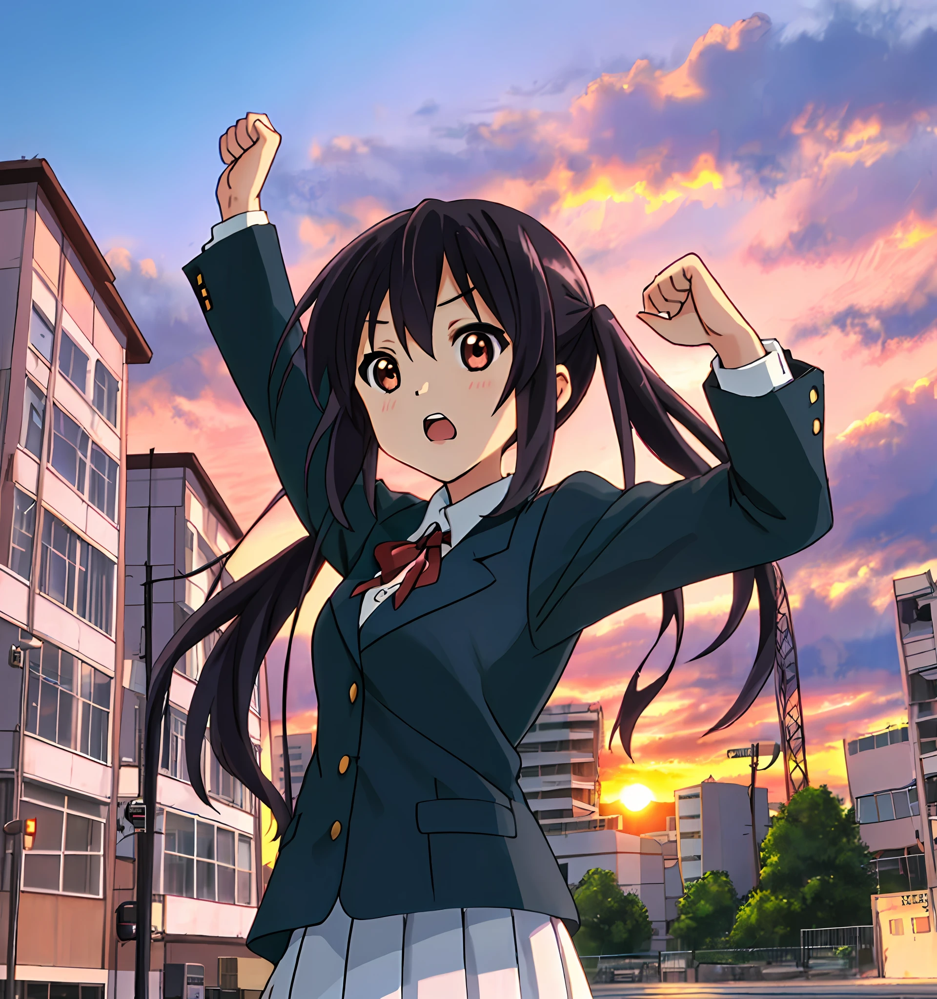 1girl, ((((Masterpiece))), Best Quality, Best Quality, High Detail, Azusa Nakano, 1girl, Sakuragaoka High School Uniform, Musical Instrument, School Uniform, Twin Tails, Long Hair, Black Hair, Brown Eyes, Solo, Red, Dark blue blazer with a thin ribbon of red, Solid white button shirt under blazer, Illustration, Cartoon, Soothing tones, Muted colors, Soft cinematic light, Adobe Lightroom, Photo Lab, HDR, complex and highly detailed, (((depth of field))))). (((Masterpiece))). (((highest quality))).) ((super detail))). (((Illustration))). (((fighting stance))).,((((Gigantic))).dynamic focus. (((skyscrapers))). (((Cityscape))). (((Despair Face))). open mouth. (((Sunset))). (((Sunset))). (((clench fists))). (((Proud))). (((small breasts))). (((Raise arms))). (((One arm is bent))).