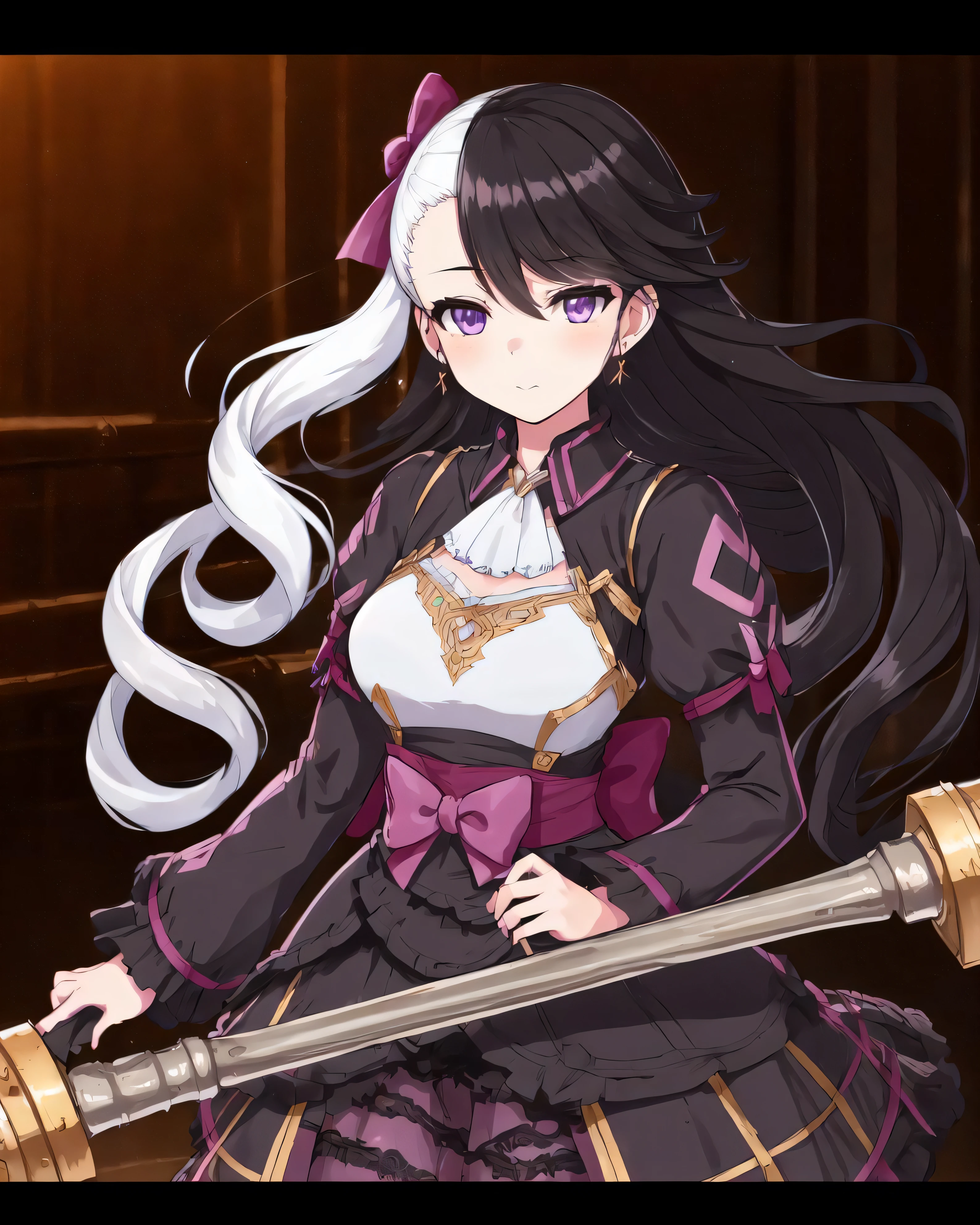 e7 Chloe, purple eyes, two-tone hair, half black hair and half white hair, looking at viewer, holding a giant hammer,
(masterpiece),  best quality, highres, 4k, 8k, Detailed Illustration, intricate detail, cinematic lighting, amazing quality, 1girl, fit female, amazing shading, soft lighting, facing camera, perfect eyes