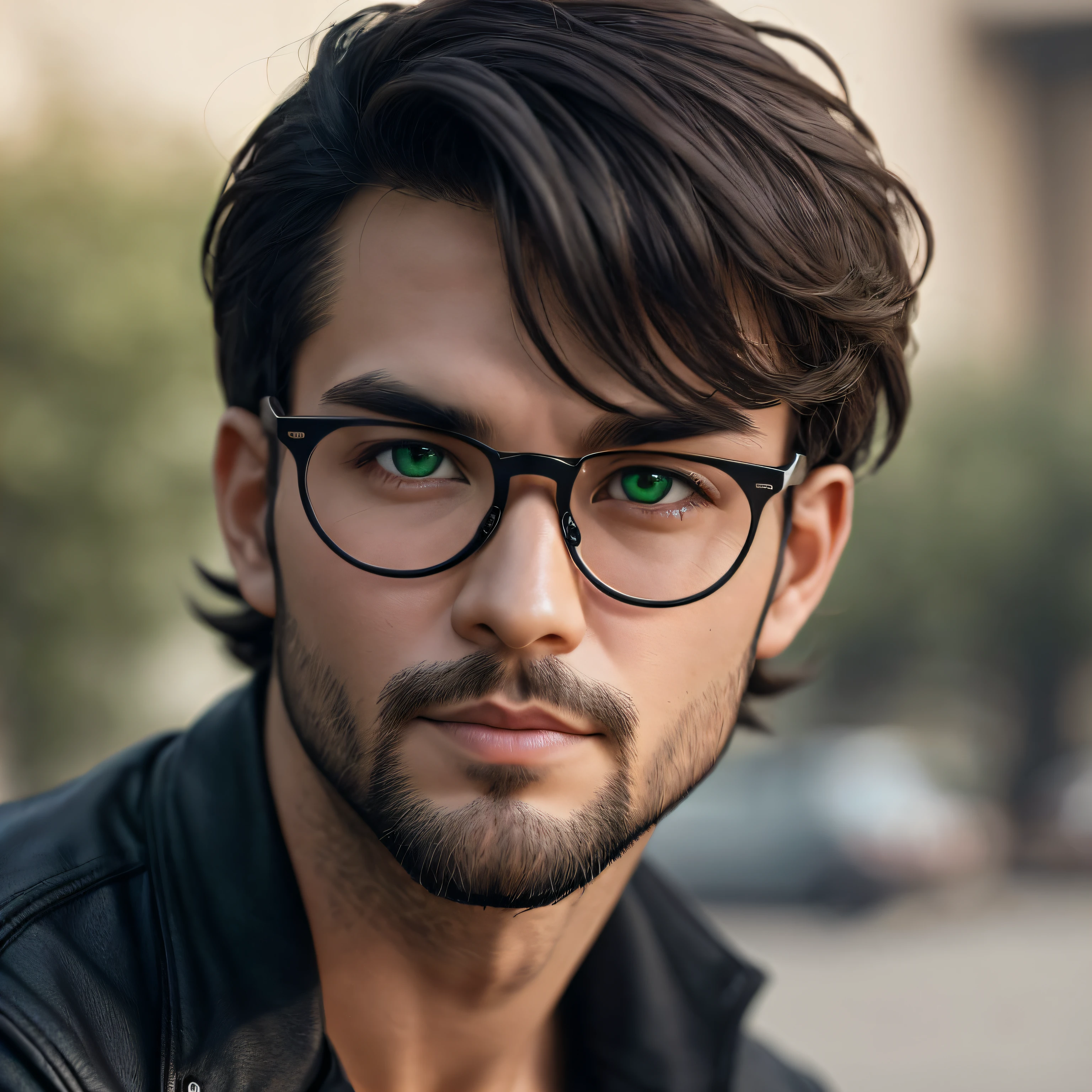 Rie focusing only on the face of a 37-year-old looking man with green eyes wearing stylish glasses, beautiful mouth, handsome model face, slightly large beard well done, appearance of being a little bad, hair in black color a little big with style half sideways, 4K --auto