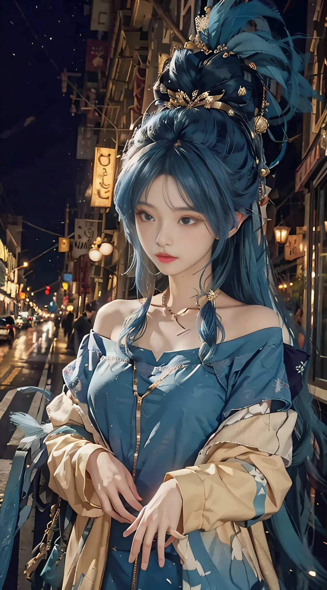 1 girl, hoodie, blue hair, extra long hair, off-the-shoulder, feather hair ornament, headphones around the neck, city, night, outdoors