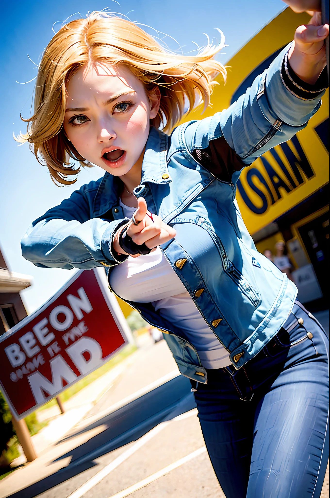 (((Very low angle shooting))),((Fisheye lens)),(((1 girl, cute, denim jacket, white top, jeans, gloves, blonde hair, short hair, wave head, side split hair, blue eyes))), (((blonde)), dynamic pose, comic book style, depicts a group of characters in various action scenes, from intense combat to relaxing moments, with dramatic speed lines and bold sound effects that capture the excitement and energy of the story, lasers emitted by the palms, attacking forward with the palms, Yellowstone, Grand canyon