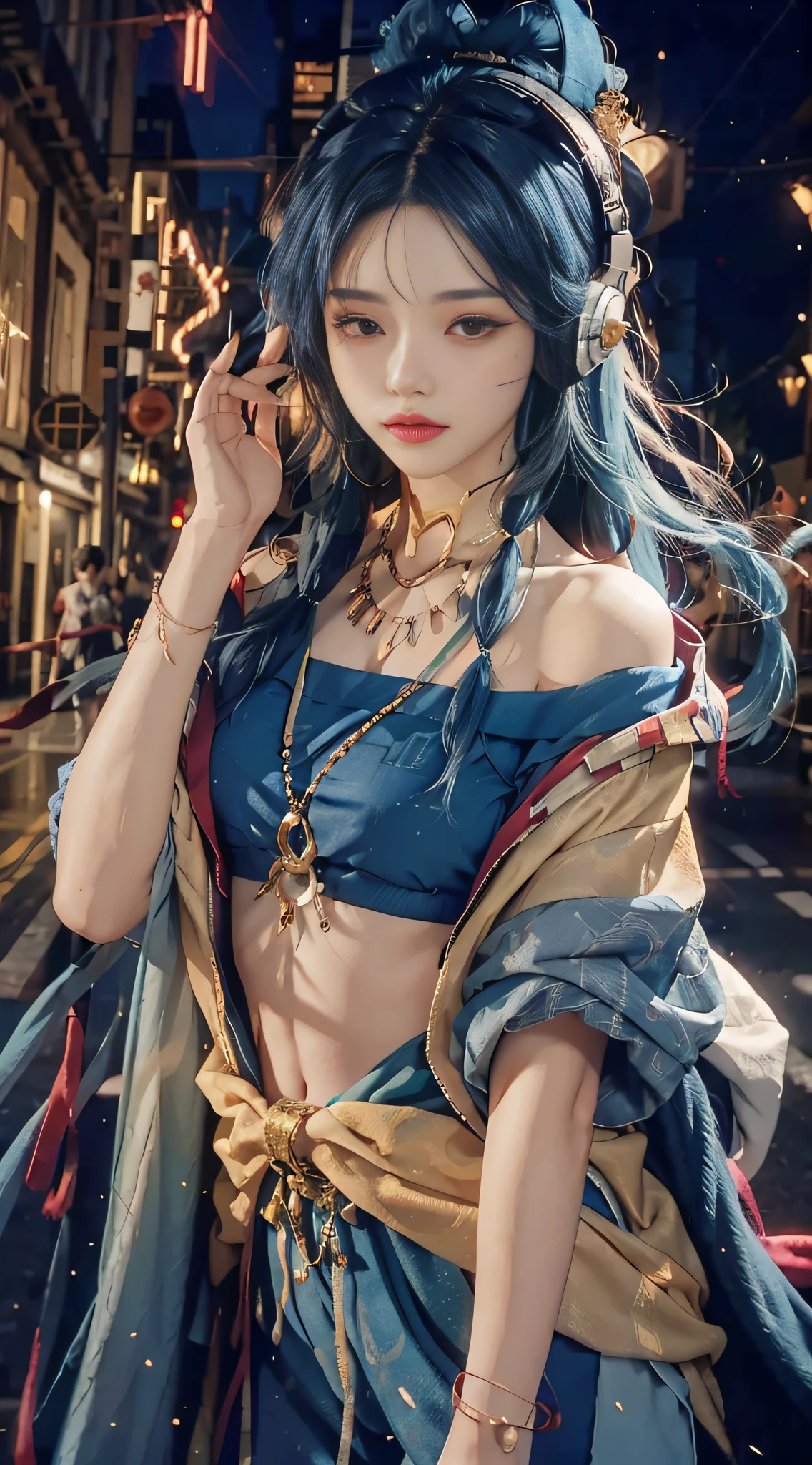 1 girl, hoodie, blue hair, extra long hair, off-the-shoulder, feather hair ornament, headphones around the neck, city, night, outdoors