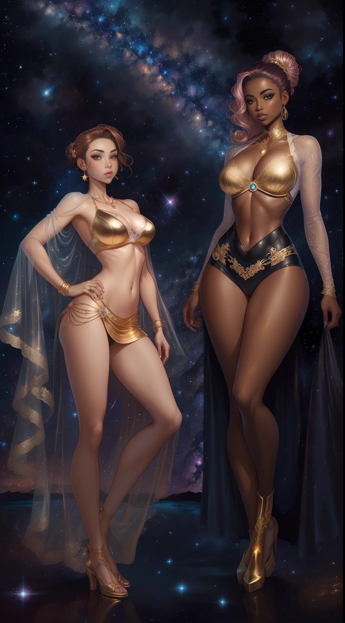 ((full body)), (((head to toe))), 2 females, twin, beautiful blushing slender Goddesses  of Gemini (((with chignon hair))), small busts, narrow waists, thin legs, (((against Gemini starry sky background))), (((gorgeous gold lace brassieres, loinclothes))), aquamarine necklaces, aquamarine tiaras, gold veils, (((American comic style with dark contours))), (((art by J. Scott Campbell)))