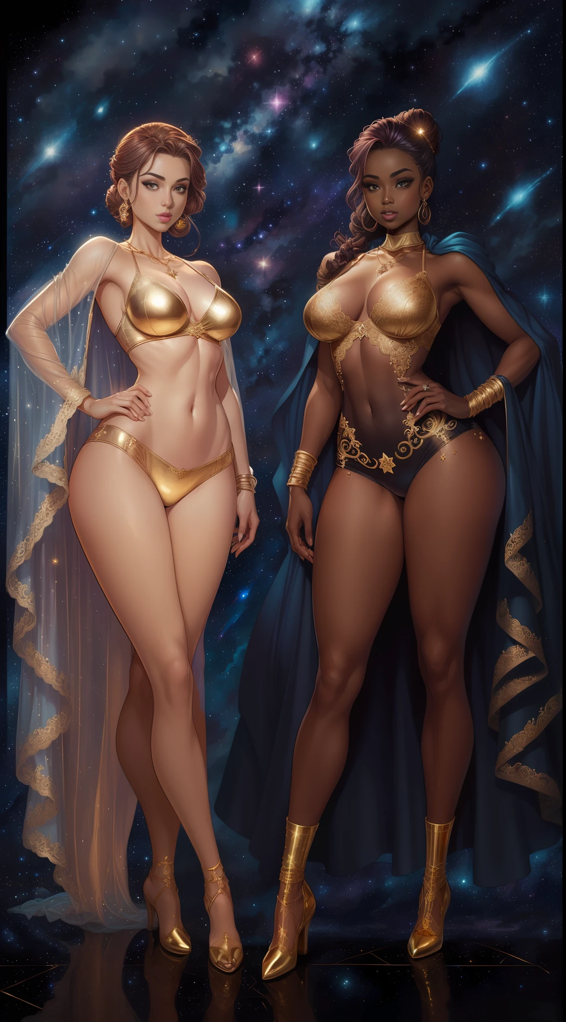 ((full body)), (((head to toe))), 2 females, twin, beautiful blushing slender Goddesses of Gemini (((with chignon hair))), small busts, narrow waists, thin legs, (((against Gemini starry sky background))), (((gorgeous gold lace brassieres, loinclothes))), aquamarine necklaces, aquamarine tiaras, gold veils, (((American comic style with dark contours))), (((art by J. Scott Campbell)))