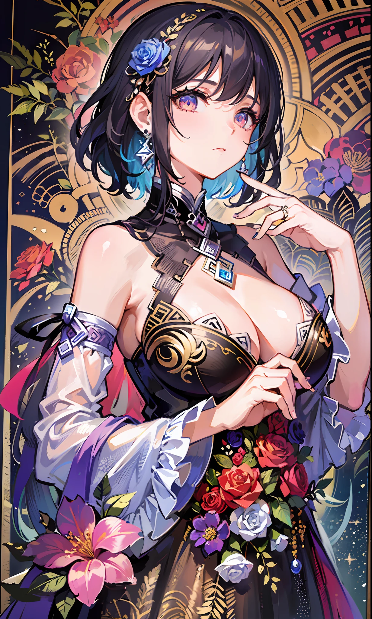 (masterpiece, top quality, best quality, official art, beautiful and aesthetic:1.2), (1girl:1.3), extremely detailed,(fractal art:1.1),(colorful:1.1)(flowers:1.3),highest detailed,(zentangle:1.2), (dynamic pose), (abstract background:1.3), (shiny skin), (many colors:1.4), ,(earrings:1.4),