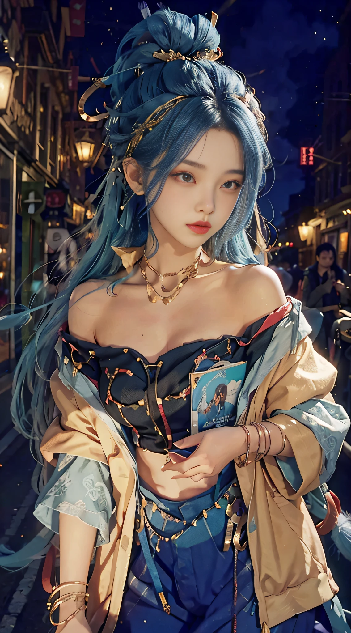 1 girl, hoodie, blue hair, extra long hair, off-the-shoulder, feather hair ornament, headphones around the neck, city, night, outdoors