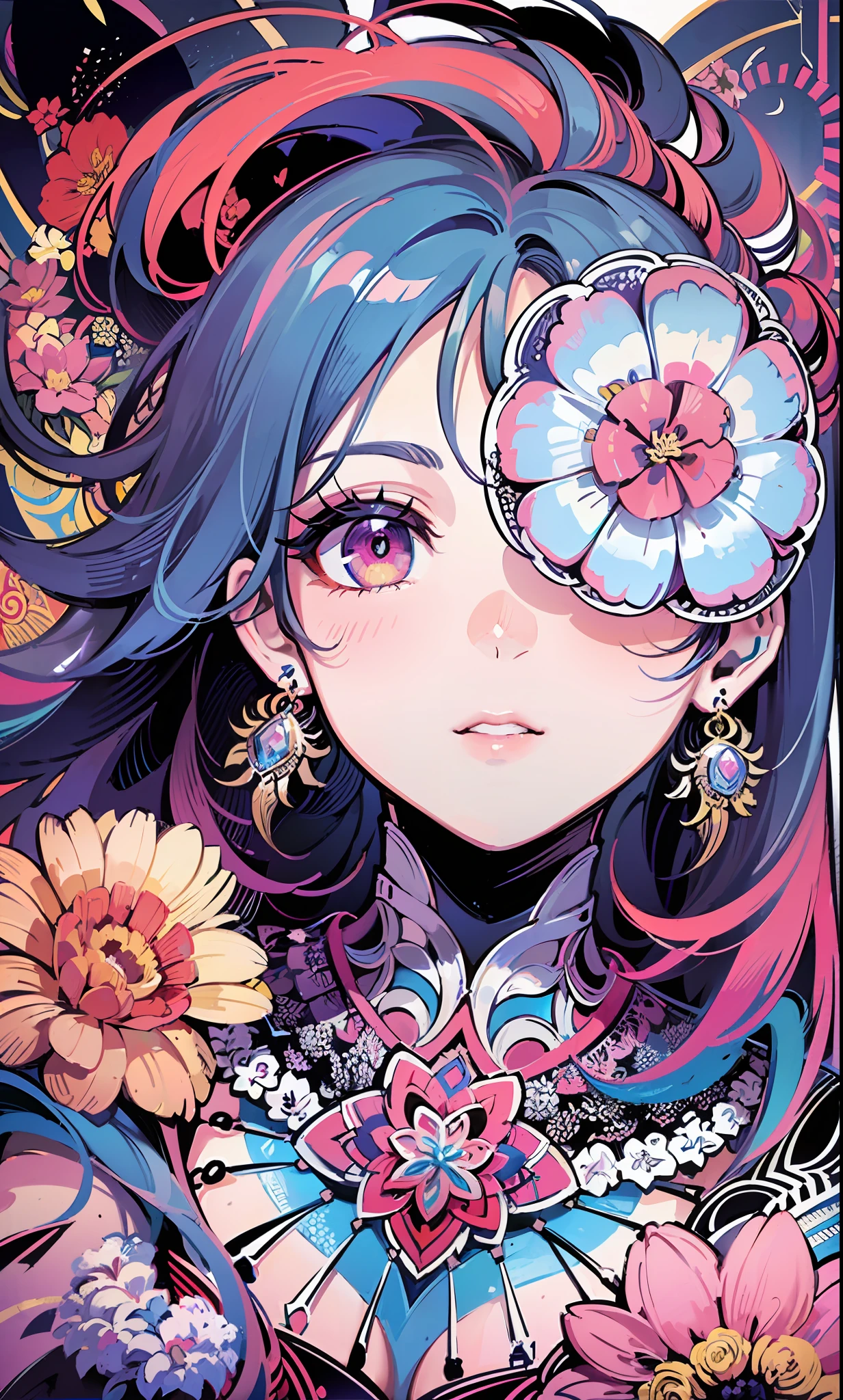 (masterpiece, top quality, best quality, official art, beautiful and aesthetic:1.2), (1girl:1.3), extremely detailed,(fractal art:1.1),(colorful:1.1)(flowers:1.3),highest detailed,(zentangle:1.2), (dynamic pose), (abstract background:1.3), (shiny skin), (many colors:1.4), ,(earrings:1.4),