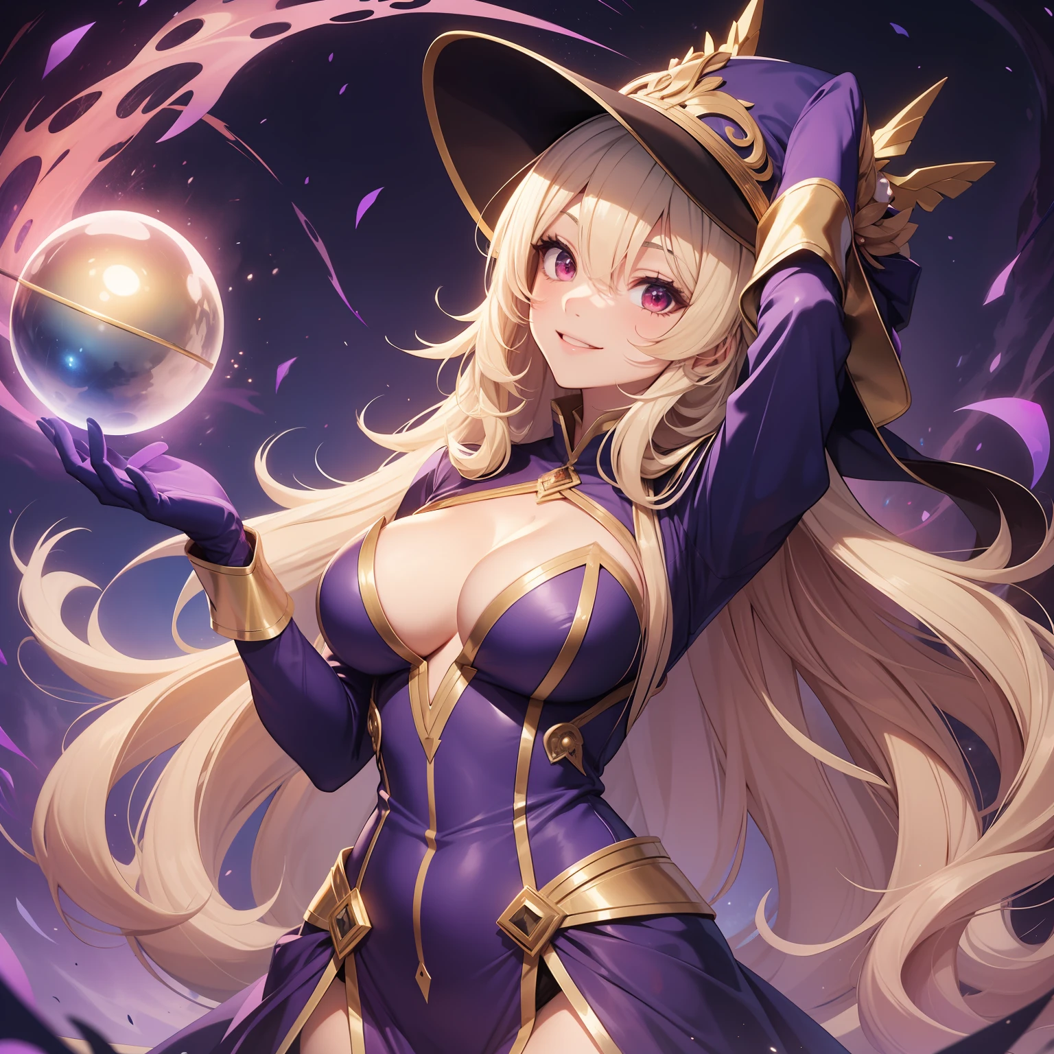 18-year-old girl, long wavy blond hair, red eyes, beautiful magician, voluptuous figure, purple magician revealing clothes, purple magician hat, coquettish smile, golden staff with a blue sphere on it, purple hood