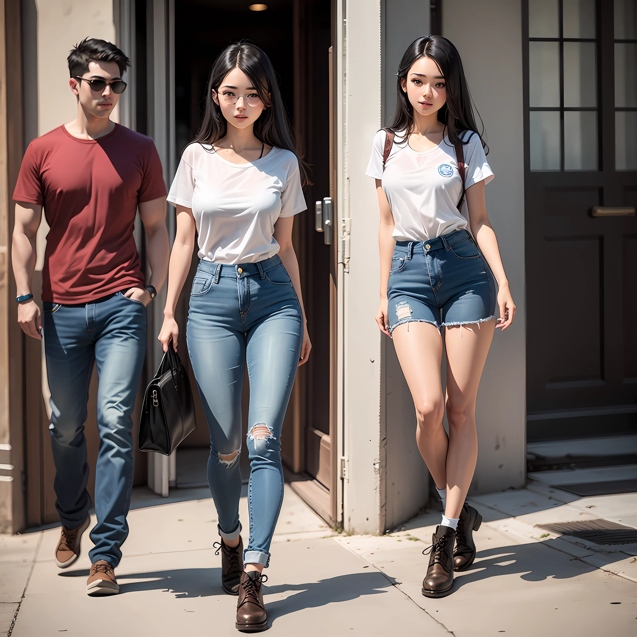 Girl 16 years dressed in jeans school shirt black hair 1.70 tall Brazilian full body drawing