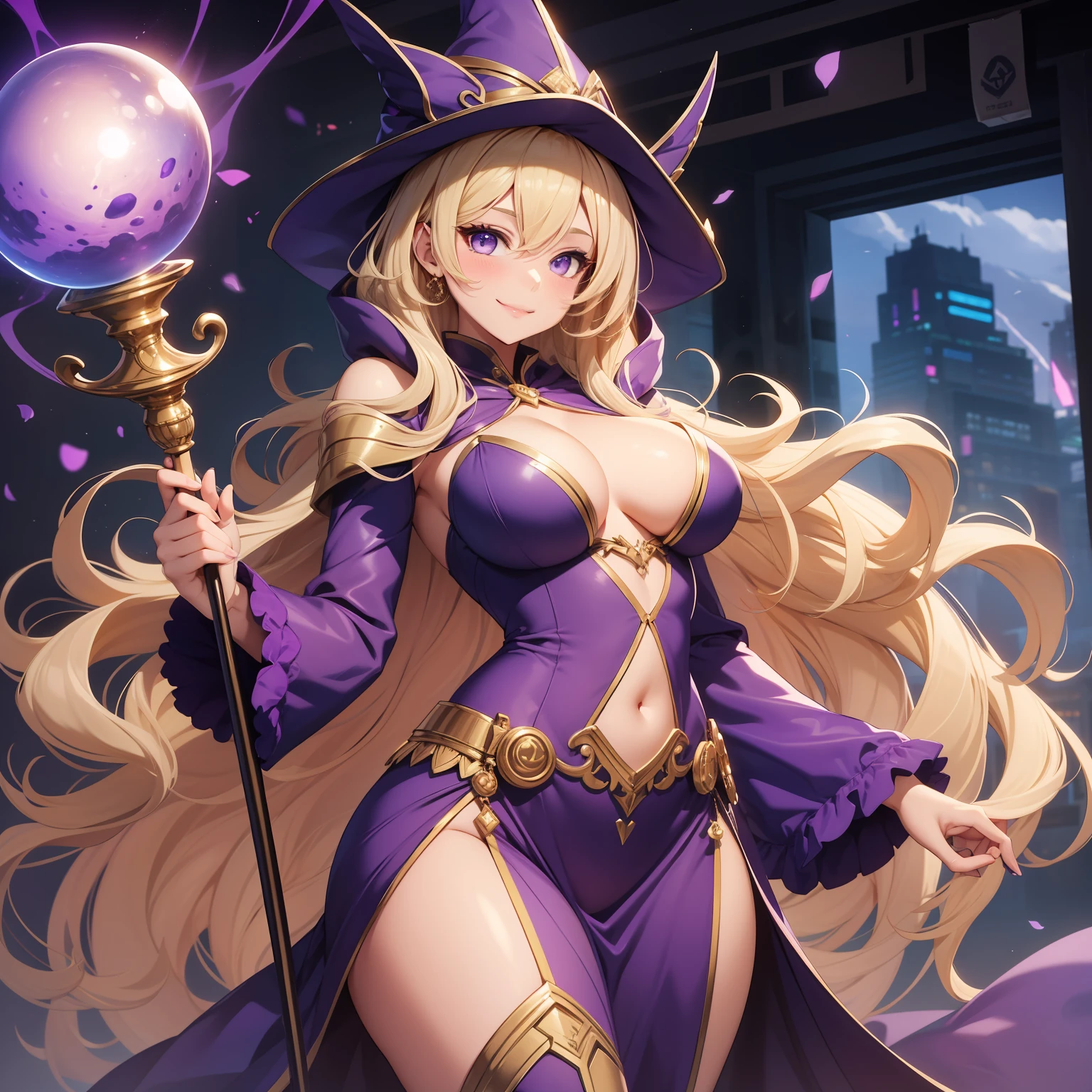 18-year-old girl, long wavy blonde hair, purple eyes, beautiful magician, voluptuous figure, purple magician revealing dress, purple magician hat, coquettish smile, golden staff with a blue sphere on it, purple hood