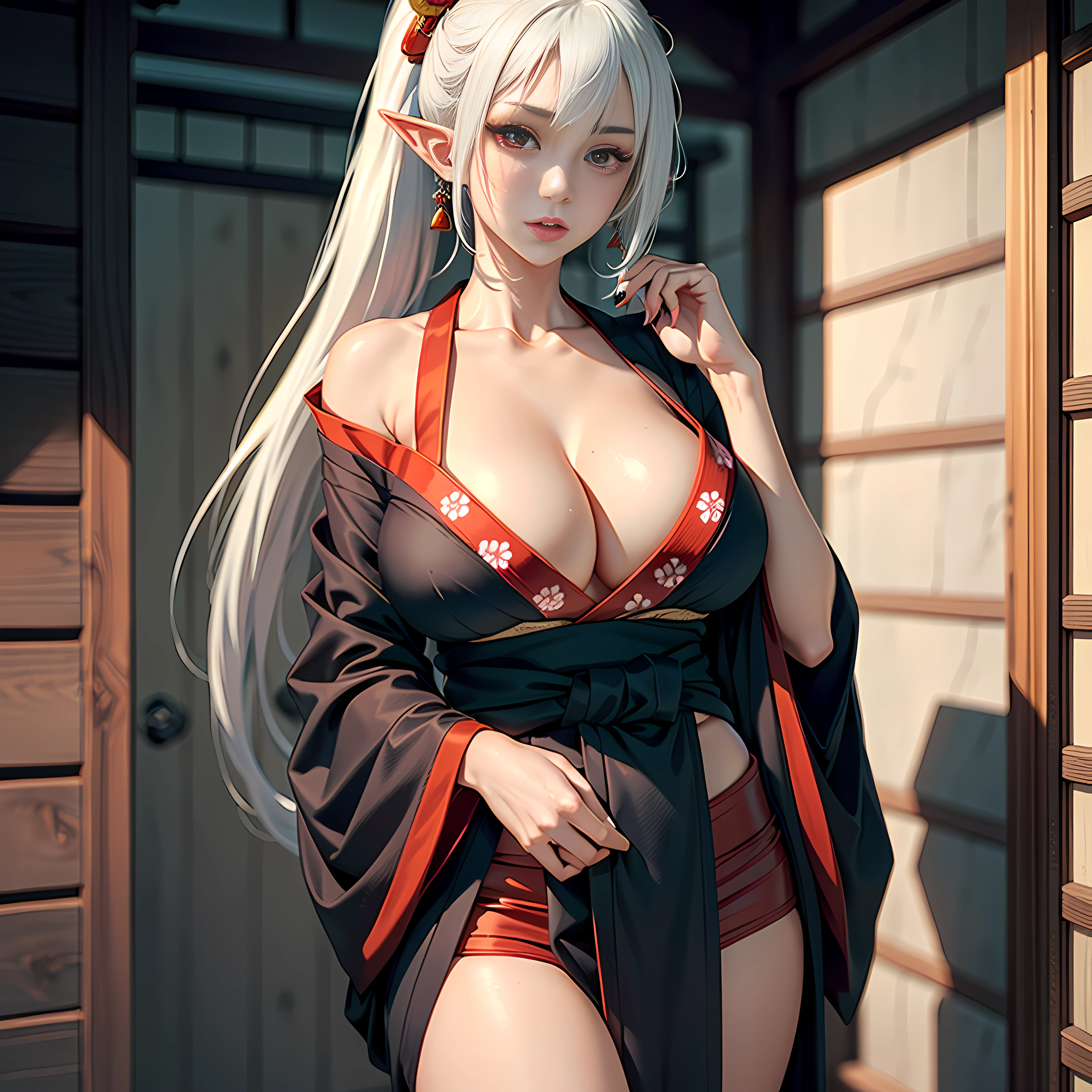 (masterpiece: 1.2, best quality), anime, (anime image, intricate details, depth of field), (1girl, solo), perfect eyes, perfect face, perfect hands, (perfect hands: 1.4), perfect lighting, makeup, half-open lips, elf, highly detailed, perfect face, (huge breasts: 1.4), (skindentation), thick thighs, wide hips, thin waist, high, bright coral lips, white hair, (white hair: 1.4), red eyes, (bright red eyes: 1.4), big ponytail, (A girl, Japanese kimono, black kimono, hands behind back), sexy, blushing, medieval style office