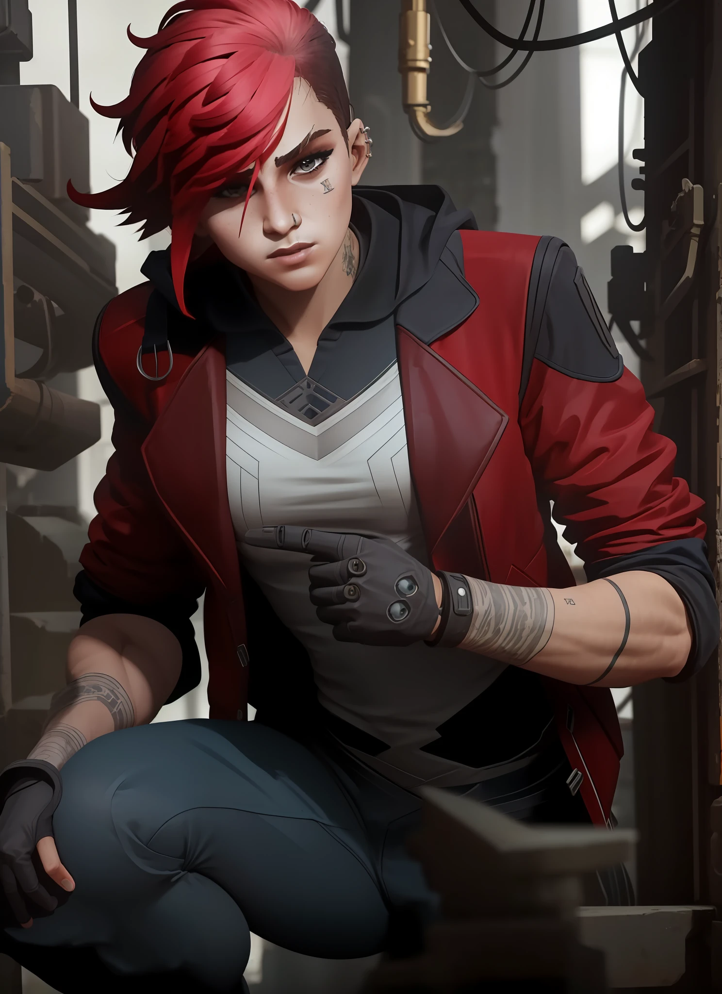 (masterpiece, best quality), intricate details, vi de arcane
 Reelmech, mechanical arms, wires, pistons, cyborg, prosthetic, cyberpunk, v1l0l, 1girl, red jacket, sleeveless hood, nose piercing, cowboy shot, fighting posture, blue pants,