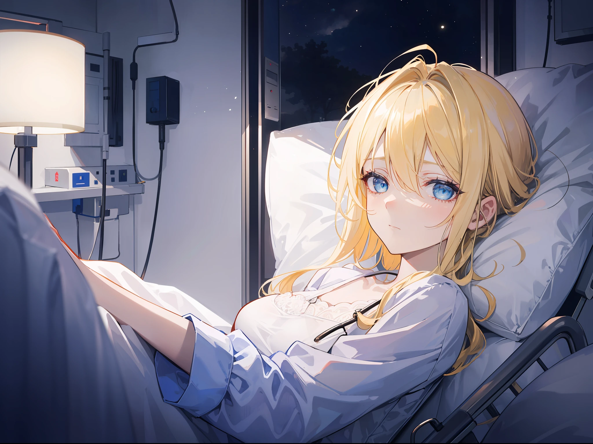 "Create a dark and atmospheric night scene where a mature woman with a weakened expression appears. She is wearing a hospital patient gown with vibrant, long blonde hair and captivating blue eyes. In the scene, she sleeps peacefully in a hospital bed with an IV in her hand. The surrounding environment creates a somber and tranquil atmosphere, with dim lighting illuminating her resilient face."