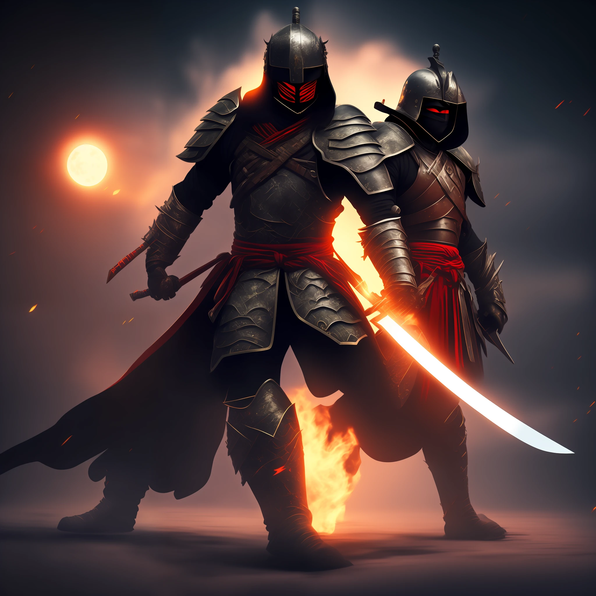 Samurai red eyes. black steel armor. A white bladed sword and a red colored reflection blade sword. Night with moon. 4k --auto