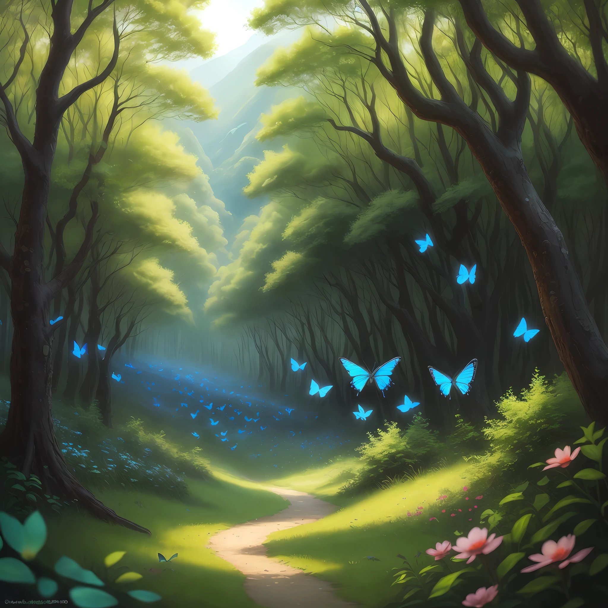 Realistic, real, beautiful photo like oil painting, in the forest, Hayao Miyazaki's world, beautiful landscape, blue butterflies, butterflies in focus, butterflies in the middle of the photo