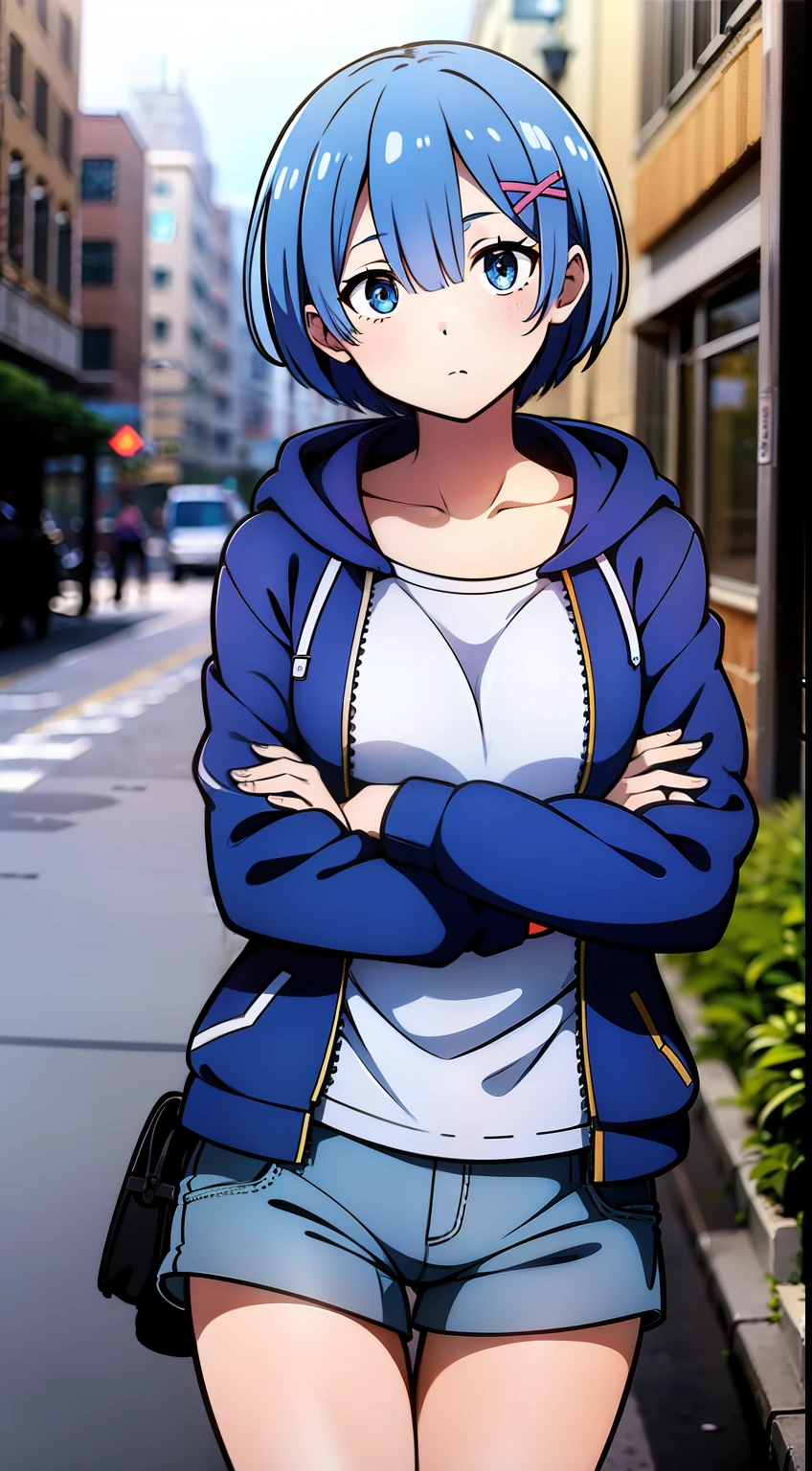 masterpiece, rem rezero, blue hair, blue eyes, detailed eyes, neutral face, blue jacket hoodie, white shirt, dark shorts, casual oufit, medium breasts, crossed arms, legs apart, middle of the street,