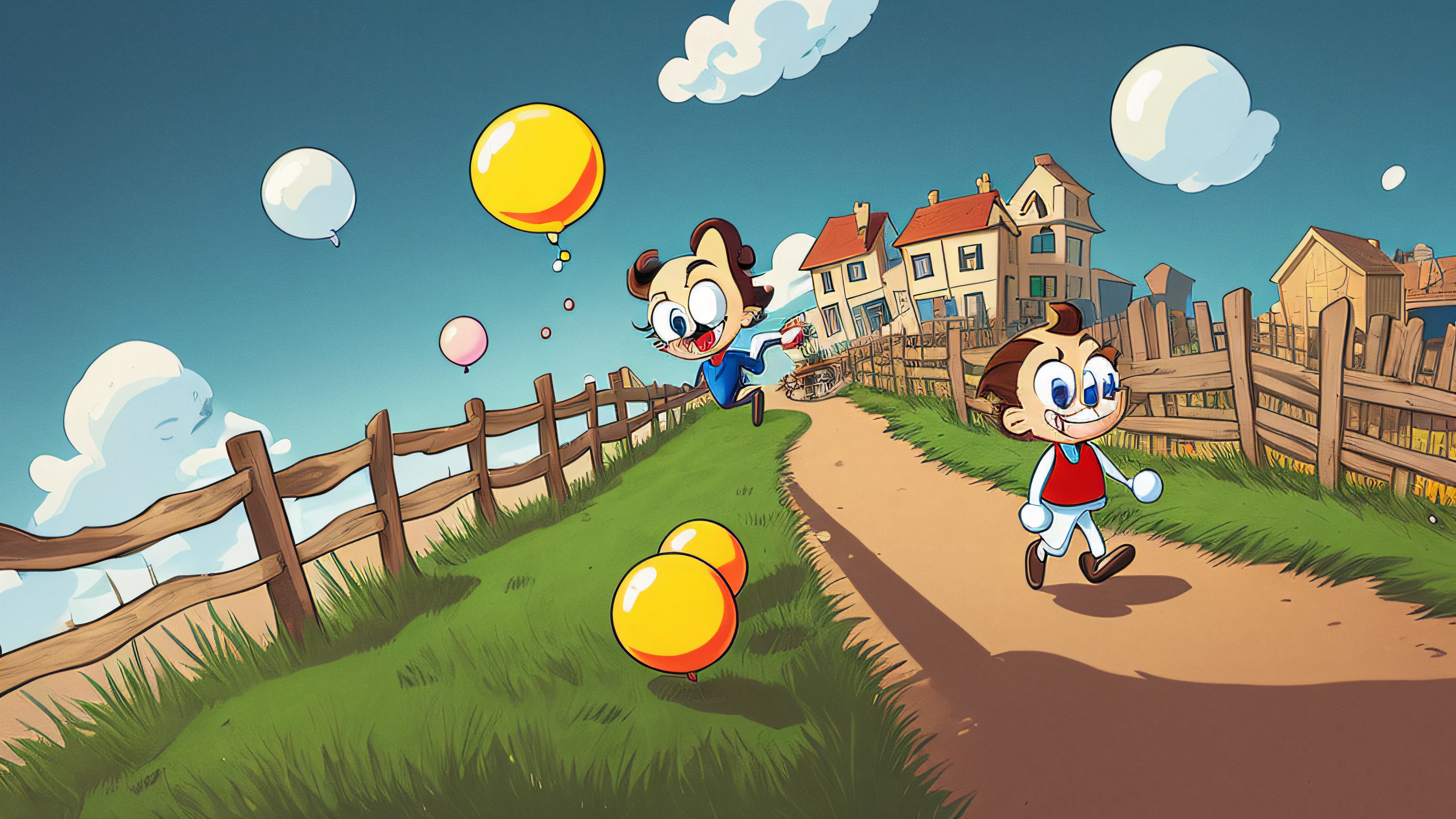cartoon characters running down a path with a fence in the background, cuphead, cuphead’s art style, official artwork, official art, promotional art, album art, promo image, bubble head, promo art, animated series, single head, shaded, promotional artwork, pale head, sid mead, fanart, head, large view, promotional image, one head --auto