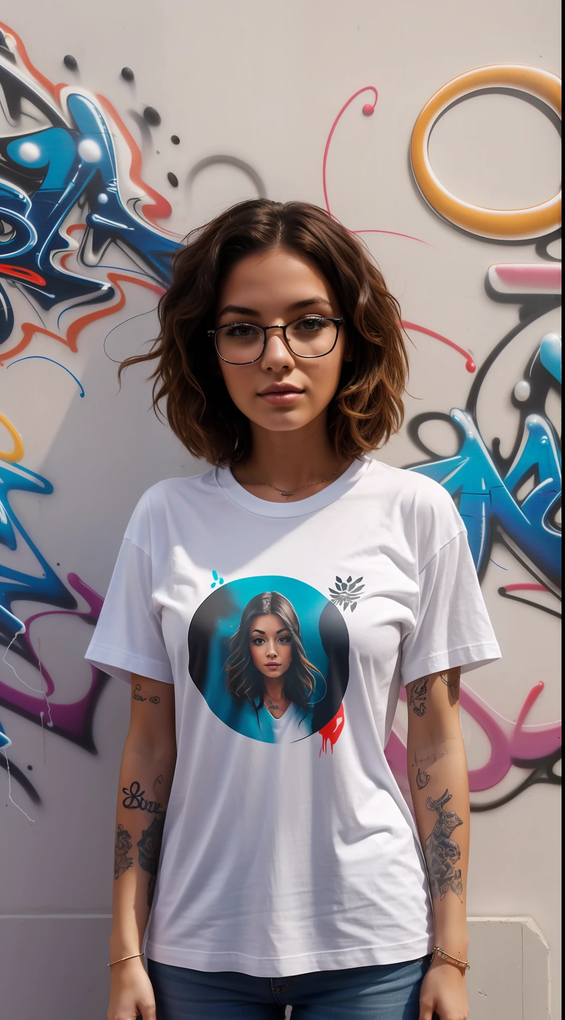 1beautiful nerd girl, big breasts, white t-shirt, tattoos, abstract background graffitti