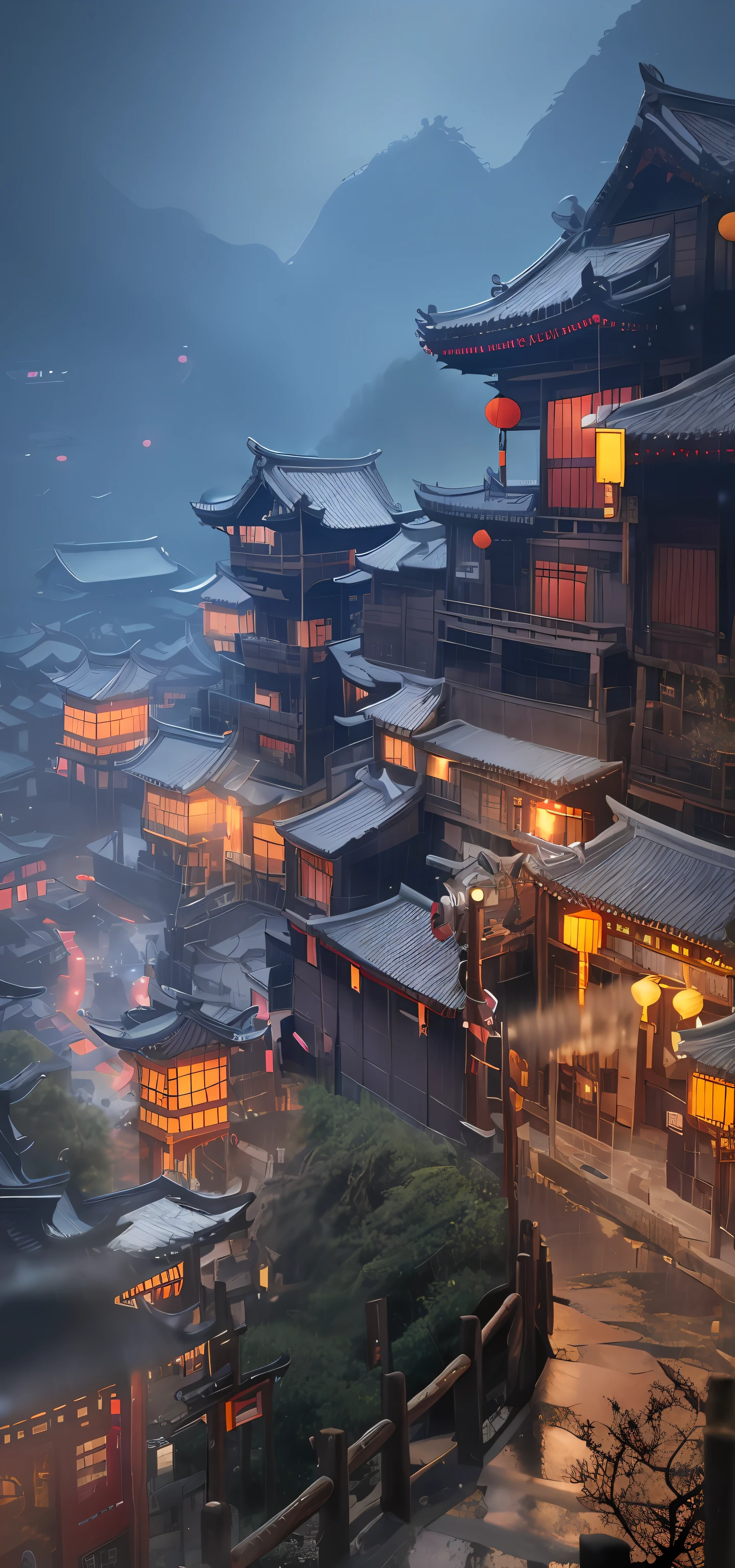 arafed view of a village with a lot of lights on the buildings, dreamy chinese town, chinese village, amazing wallpaper, japanese town, japanese village, hyper realistic photo of a town, old asian village, japanese city, by Raymond Han, rainy evening, cyberpunk chinese ancient castle, beautifully lit buildings, at evening during rain, beautiful and aesthetic, photography, cinematic, 8k, high detailed ((Heavy rain)))