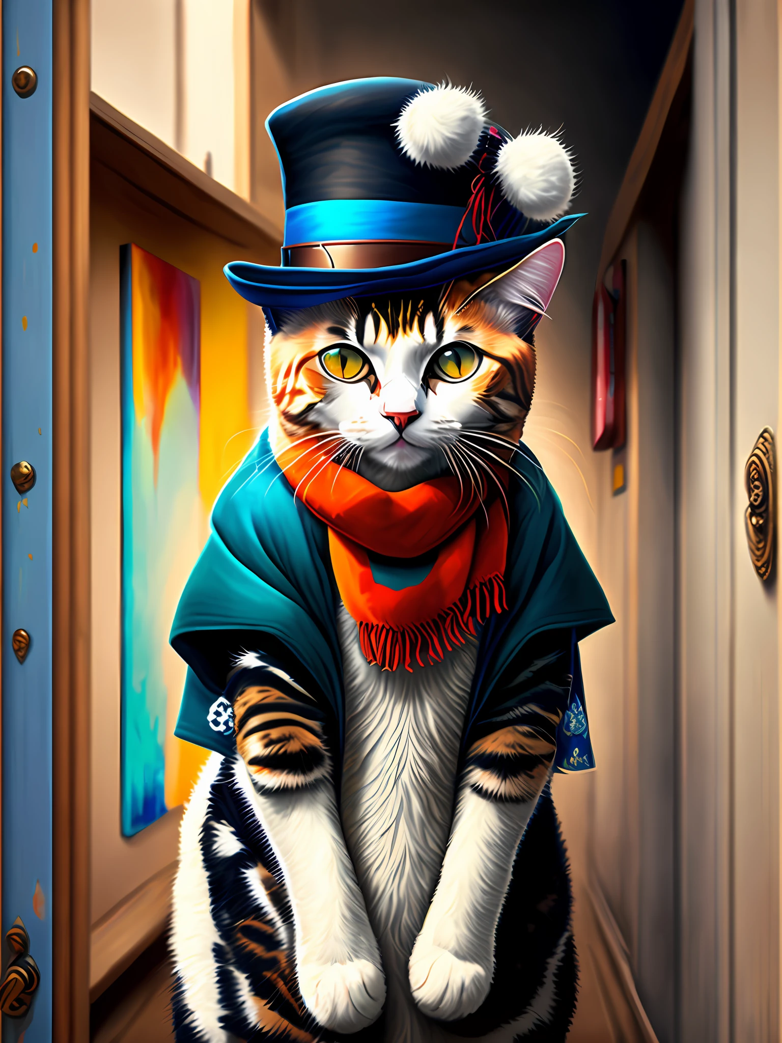 Painting of cat in hat and scarf, trendy in art station, punk dressed, detailed hyper-realistic rendering, British gang members, street style, intimidating pose, planet of cats, trendy clothes, urban samurai, meow, western slavic features, 8 1 5