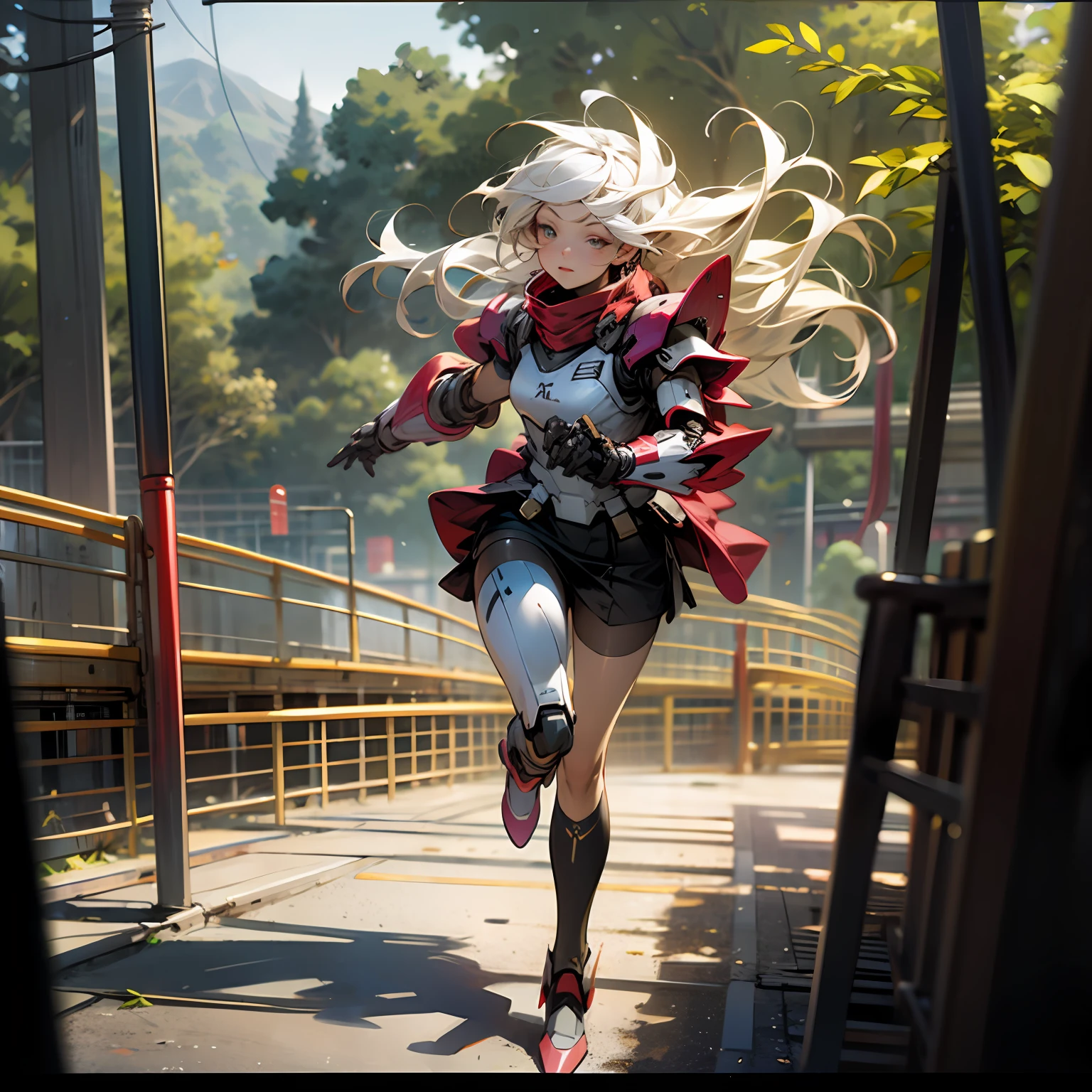 gundam\(rx78\)，(8k,RAW photo, best quality, masterpiece:1.2), best quality, ultra high res, Random hairstyle,white hair,Random expression,small eyes, ultra high res, best quality, photo, 4k, (photorealistic:1.4), 1girl, solo, (full body:1.1),long hair, black hair, beautiful face, beautiful eyes, outside in the park with lake, running, mecha armor, depth of field, motion lines, short skirt, tight shirt