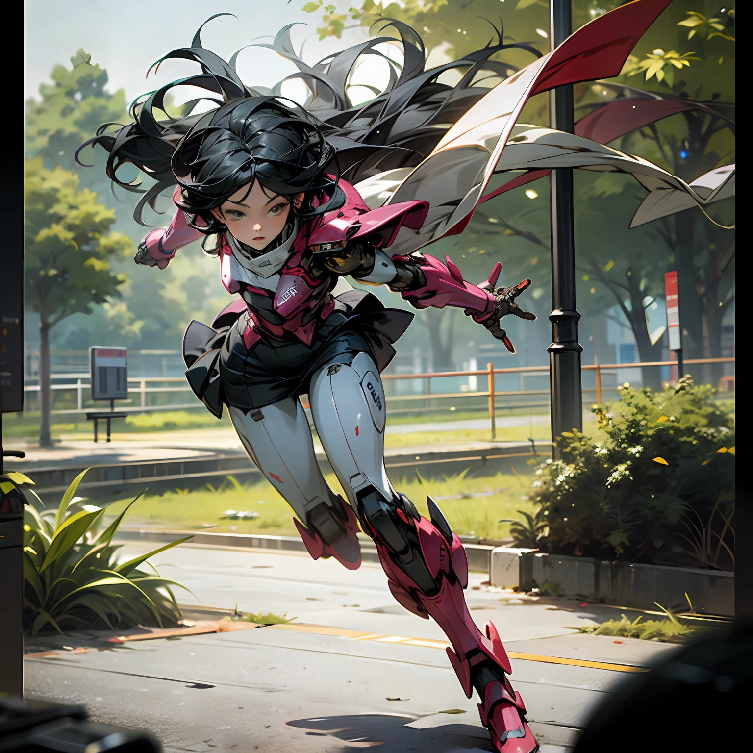 gundam\(rx78\),(8k,RAW photo, best quality, masterpiece:1.2), best quality, ultra high res, Random hairstyle,white hair,Random expression,small eyes, ultra high res, best quality, photo, 4k, (photorealistic:1.4), 1girl, solo, (full body:1.1),long hair, black hair, beautiful face, beautiful eyes, outside in the park with lake, running, mecha armor, depth of field, motion lines, short skirt, tight shirt